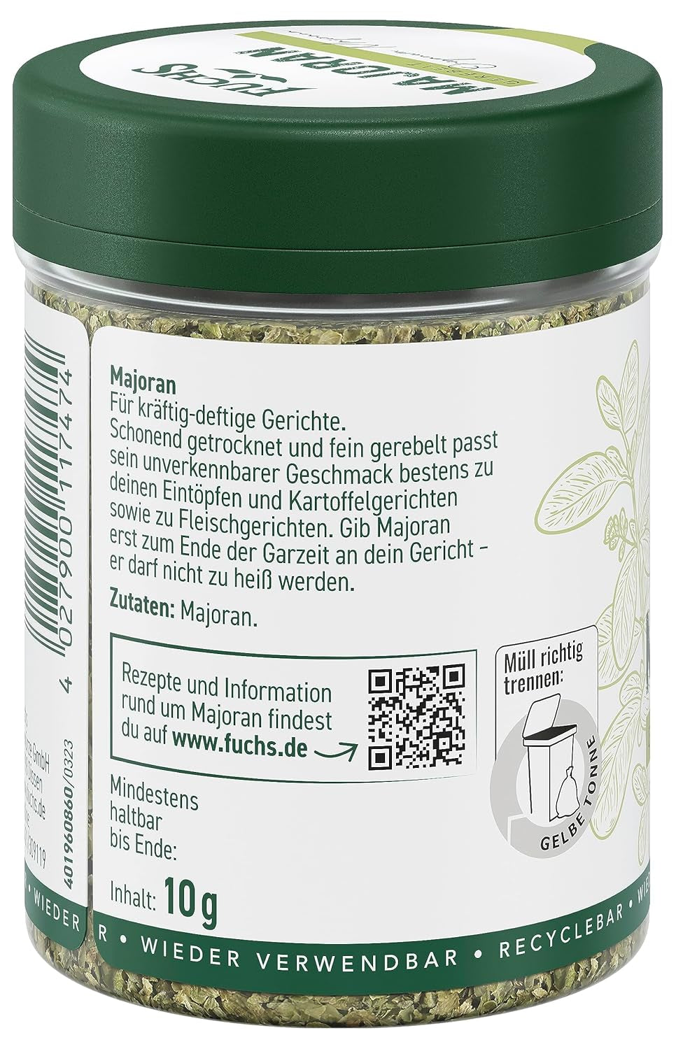 Fuchs Gewürze - Marjolein gerebelt - zum Würzen von Kartoffelgerichten, Fleischgerichten oder Eintöpfen - natuurlijke ingrediënten - 10 g in wiederverwendbarer, recyclebarer Dosis