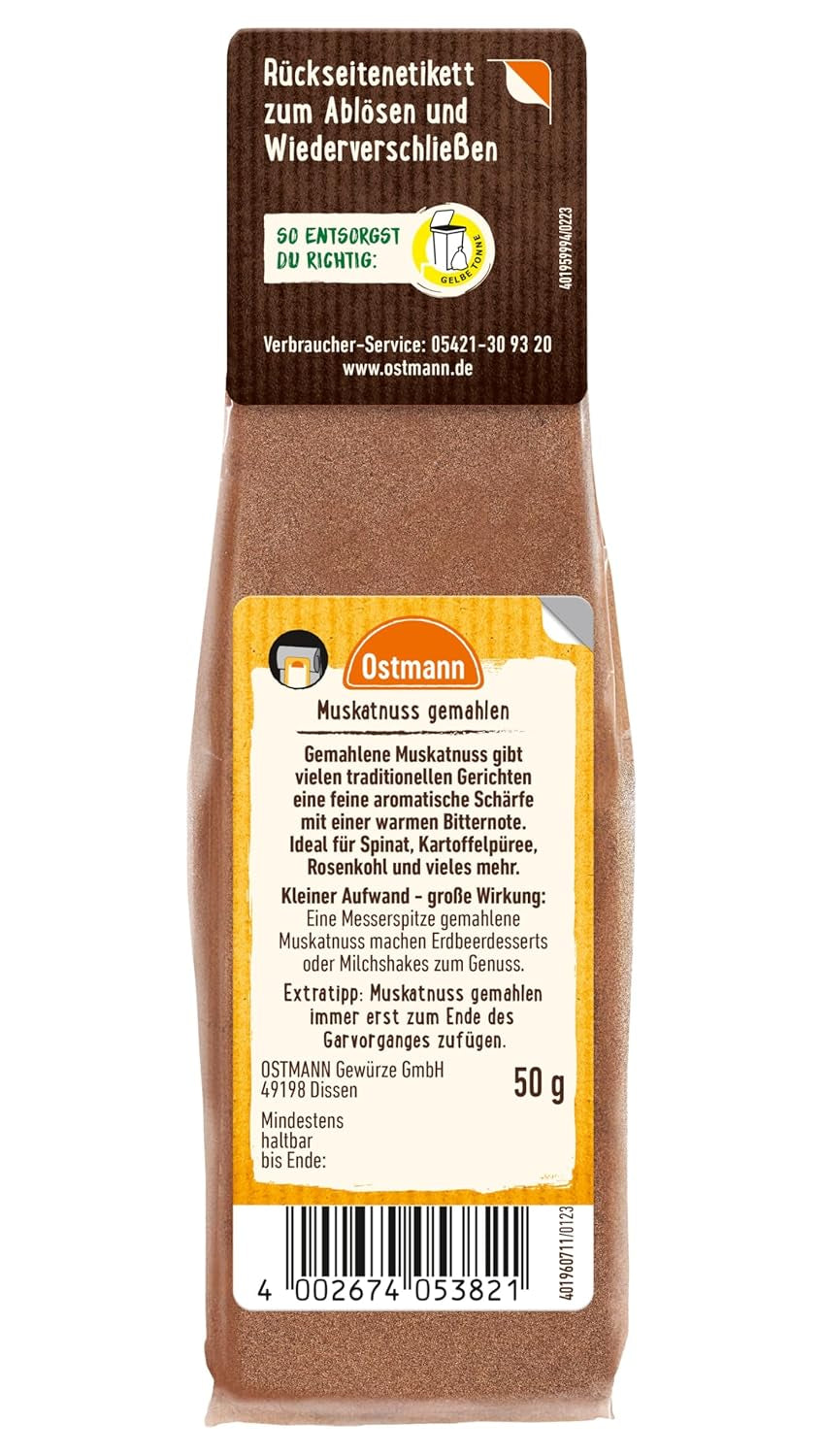 Ostmann Gewürze - Muskatnuss gemahlen | Ideaal om aardappelgerechten op smaak te brengen Zum Nachfüllen der Streudose | Hersluitbare zak van 50 g