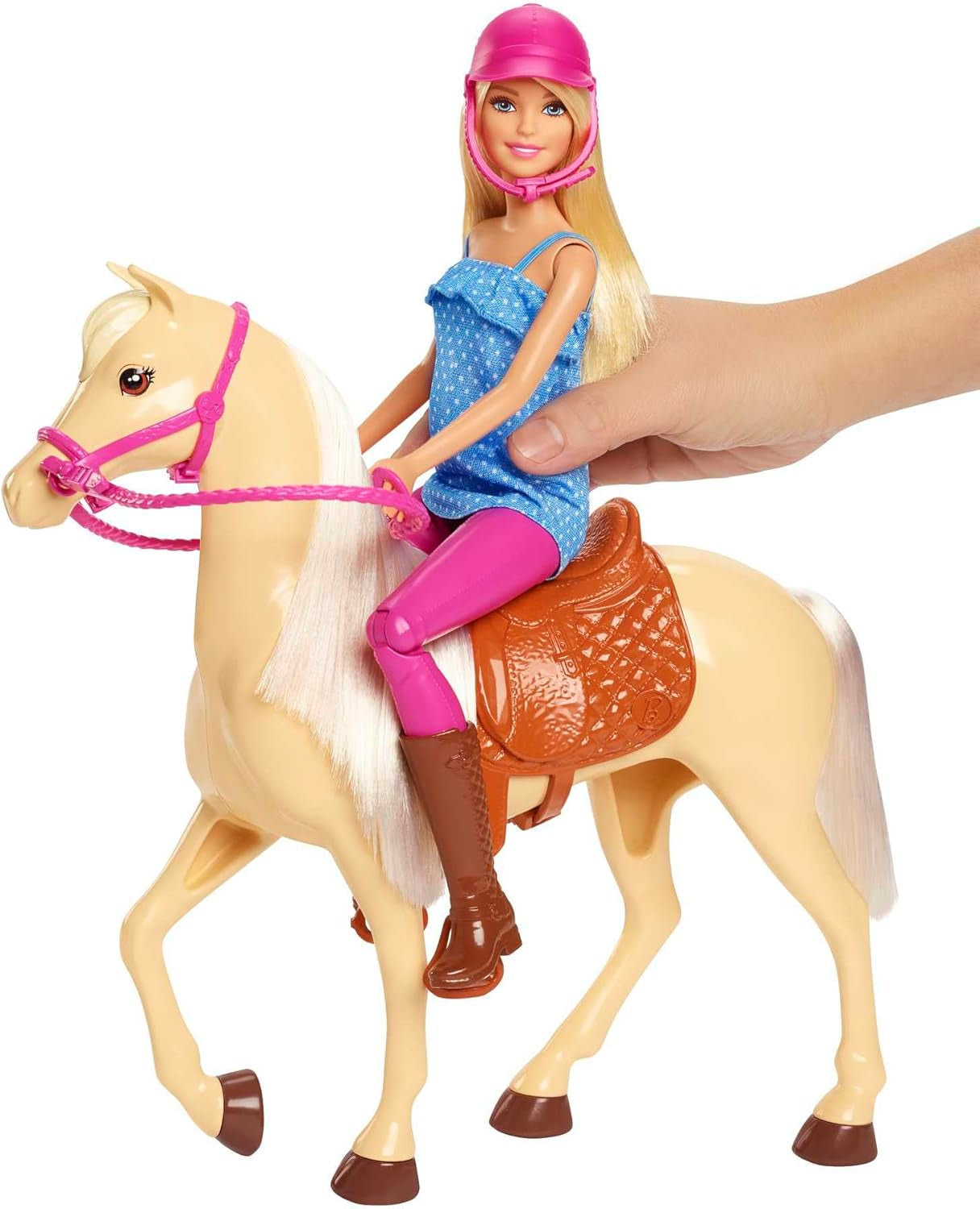 Barbie pop en paardenspeelgoed, rijaccessoires, inclusief 1 pop en 1 paard, geschikt als cadeau voor kinderen vanaf 3 jaar, FXH13