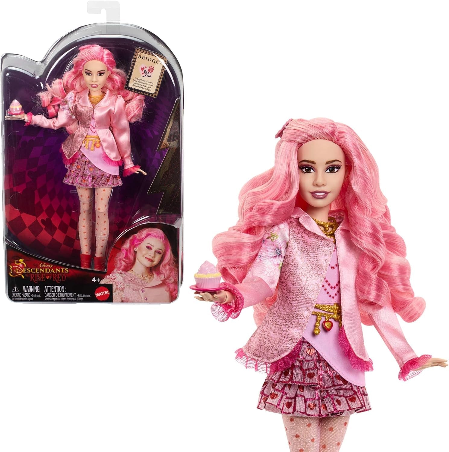 Mattel Disney Descendants: The Rise of Red Modepuppe en Accessoires – Bridget, de jonge Herzkonigin, met filminspirerende kleding en Cupcake, HWT91