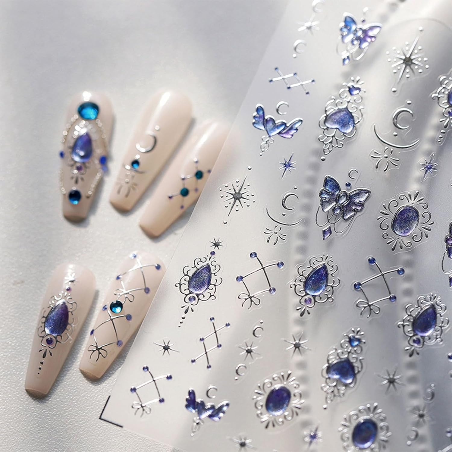 JMEOWIO 3D Nagelsticker Blauer Nail Art Sticker Selbstklebend Nagelaufkleber 5D Stereoskopisch Mondstern Decoratie Nageldesign Zubehör 1 Blatt