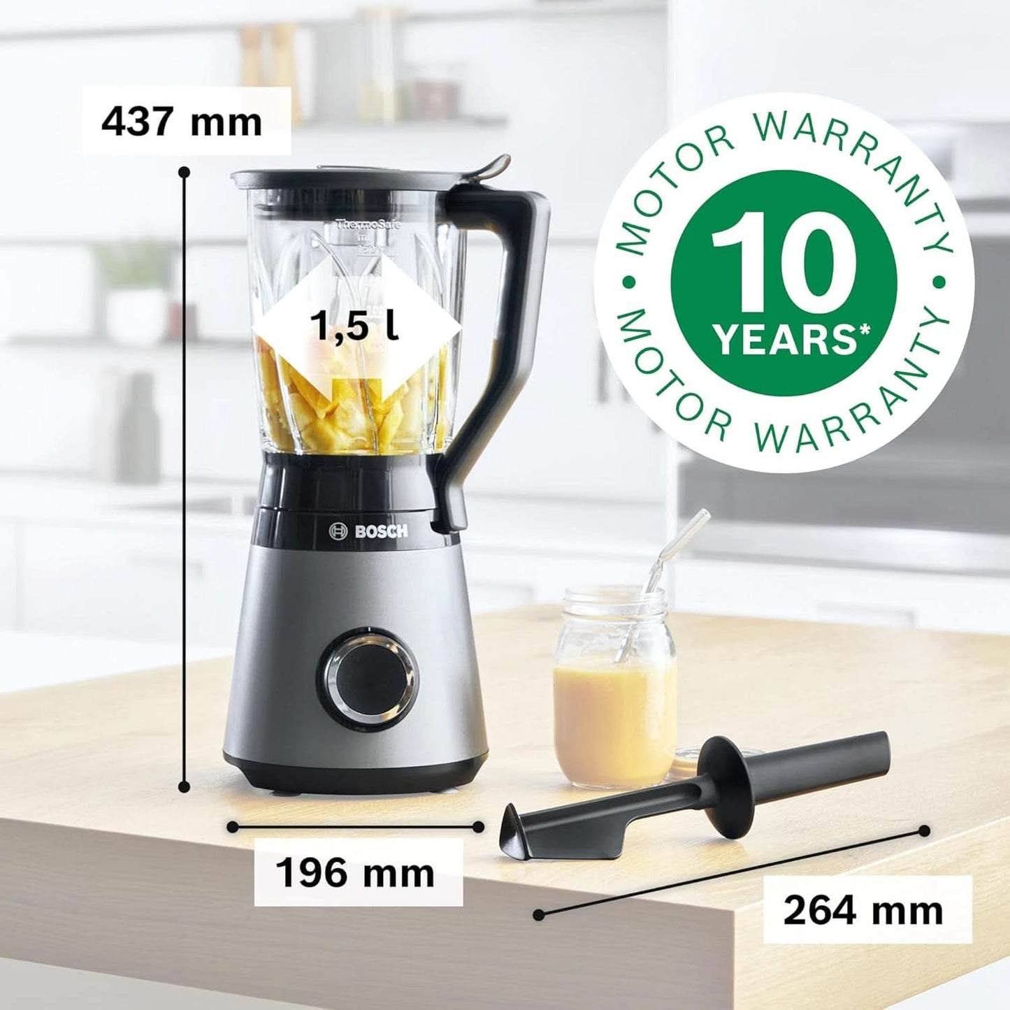 Bosch Standmixer Vitapower Serie 4 MMB6172SN, Verbesserte Versie, 10 Jahre Motorgarantie, Edelstahl-Klingen, 1,5L Glasbehälter, Spülmaschinenfeste Teile, 30.000 U/Min, 1200 W, Silver Kitchen Naty Shop