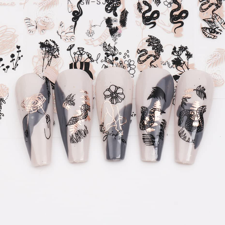 JMEOWIO Nagelsticker Rose Gold Schwarze Blume 12 Blatt Nail Art Sticker Selbstklebend Nagelaufkleber Frühlings Linie Abstracts Blatt Decoratie Nageldesign Zubehör