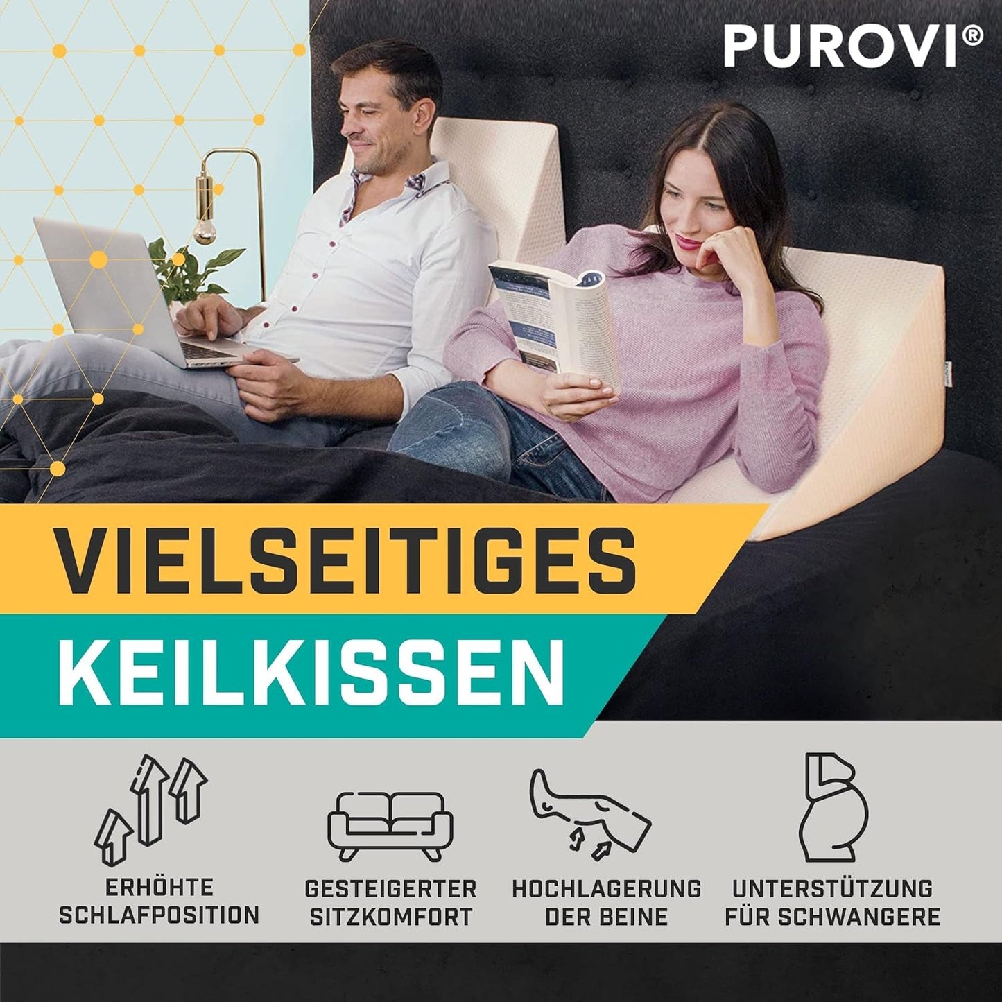 Wigkussen voor bed en bank - Ideaal als leeskussen, achterin bed of om de benen hoger te zetten - Maatvast schuim - Wasbare hoes