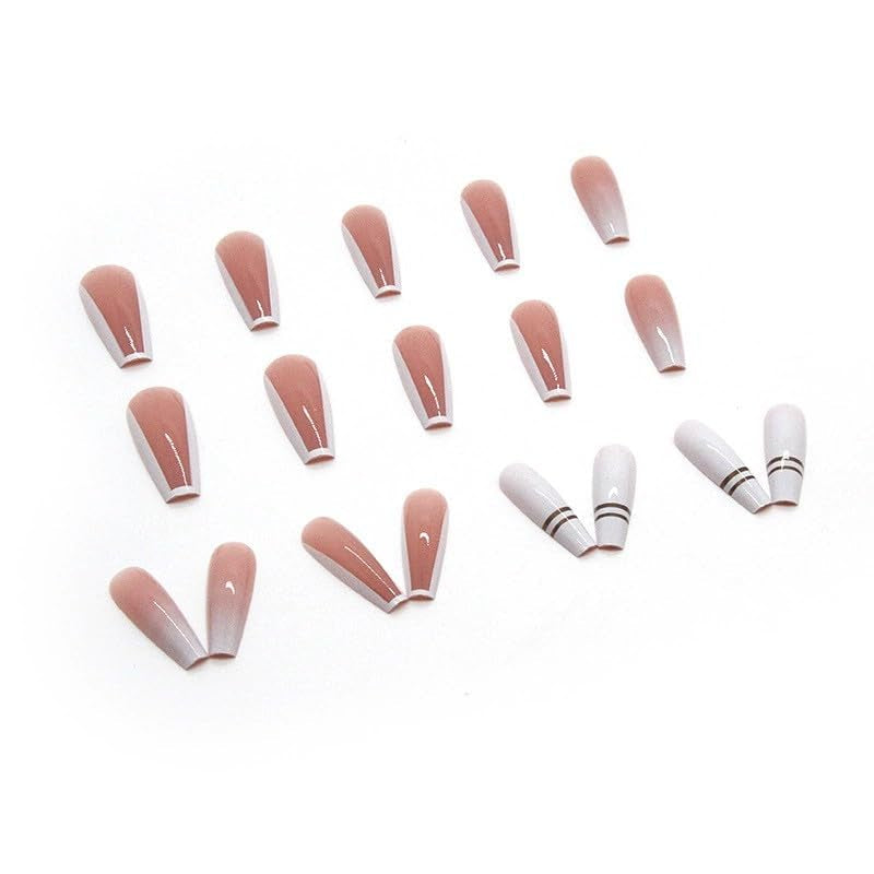 24 stuks Franse pers op lange nagels Doodskist Witte kunstnagels Ombre roze Nude Zelfklevende nagels Acryl nagelset Nageltips voor dames Lente Zomer Nagelaccessoires