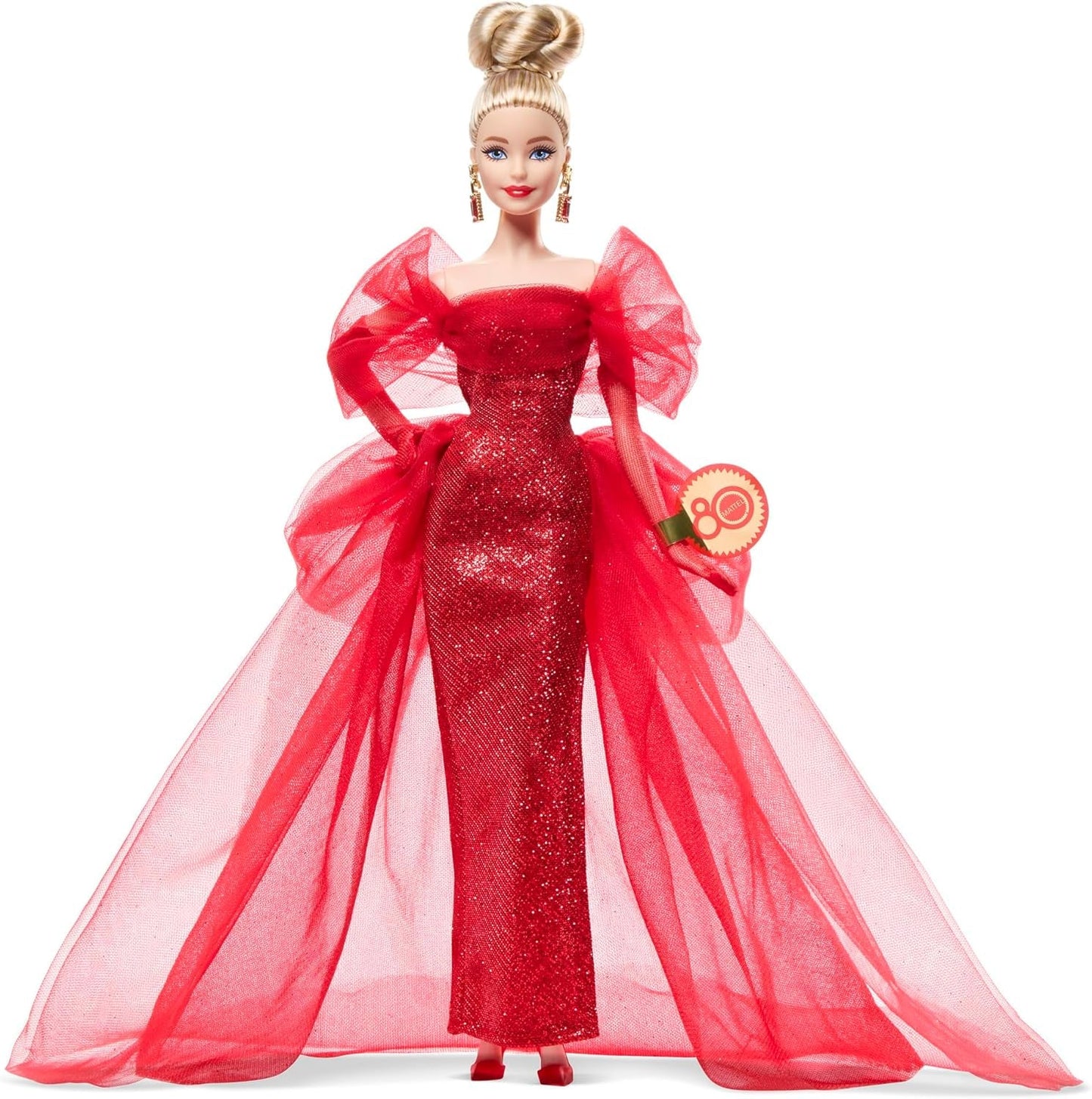 Barbie kenmerkende pop Mattel-verzamelfiguur voor 80-jarig jubileum in sprankelende rode tule-jurk met druppelvormige oorbellen en fijne handschoenen blond haar JBJ17