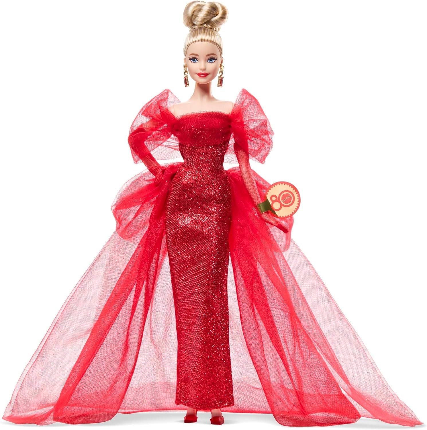 Barbie kenmerkende pop Mattel-verzamelfiguur voor 80-jarig jubileum in sprankelende rode tule-jurk met druppelvormige oorbellen en fijne handschoenen blond haar JBJ17