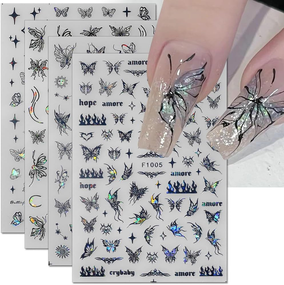 4 Blätter Holographisch Laser Wit Schmetterling Nagelsticker,Y2K Aurora Schmetterlinge Stern Nail Sticker 3D Flamme Herz Nageldesign Nagelsticker Selbstklebend Nagel Sticker Nagel Zubehör Nail Art