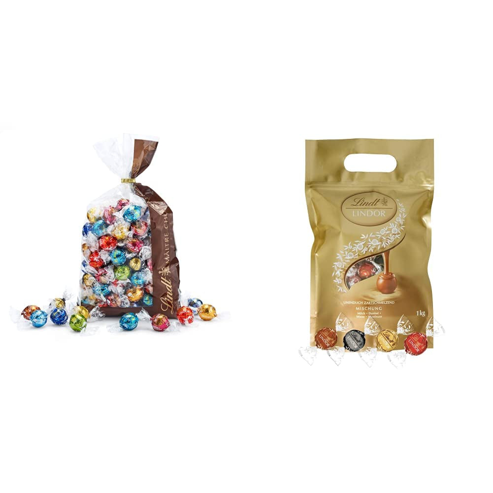Chocolademix LINDOR | 1371 gram | Ongeveer. 109 bolletjes: Klassieke mix voor melkchocoladebolletjes en LINDOR | Ongeveer. 80 chocoladebolletjes (melk, wit, puur 60%, hazelnoot) | Grootverpakking, 1 kg