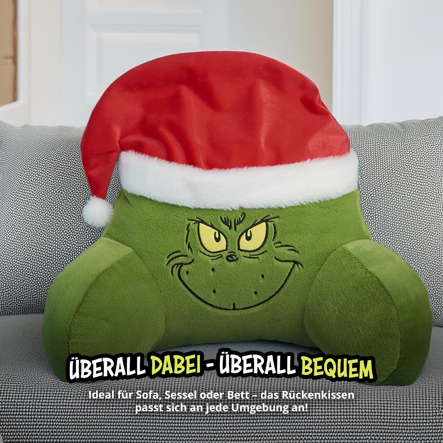 Grinch Kussen - Rugkussen voor bed en bank, rugsteun met armleuningen, leeskussen voor rug, nek en hoofd, groen, 40 x 38 cm