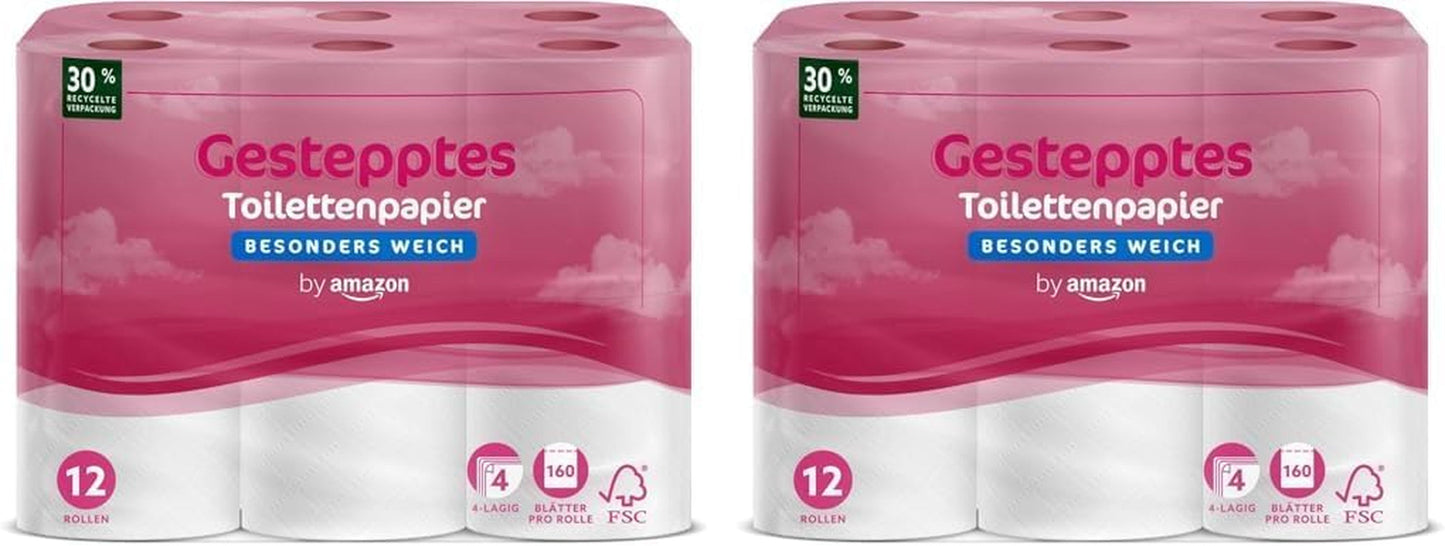 By Amazon toiletpapier, 4-laags gewatteerd, extra zacht, 48 rollen (12 rollen, 4 stuks), 160 vellen per rol, FSC-gecertificeerd