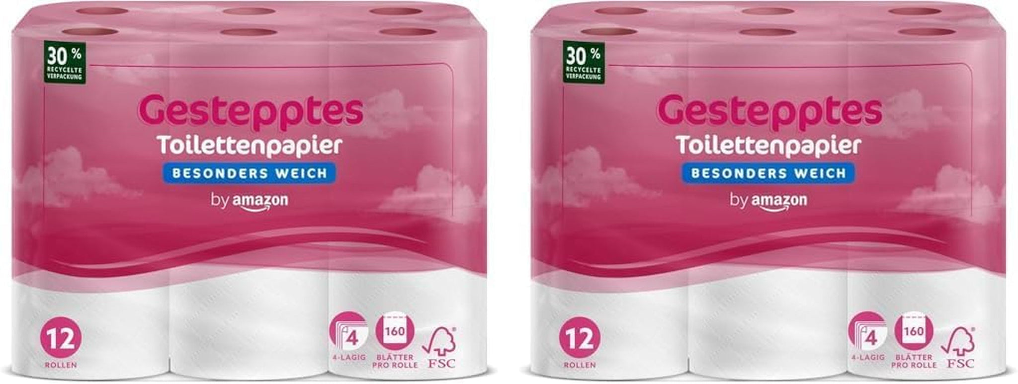 By Amazon toiletpapier, 4-laags gewatteerd, extra zacht, 48 rollen (12 rollen, 4 stuks), 160 vellen per rol, FSC-gecertificeerd