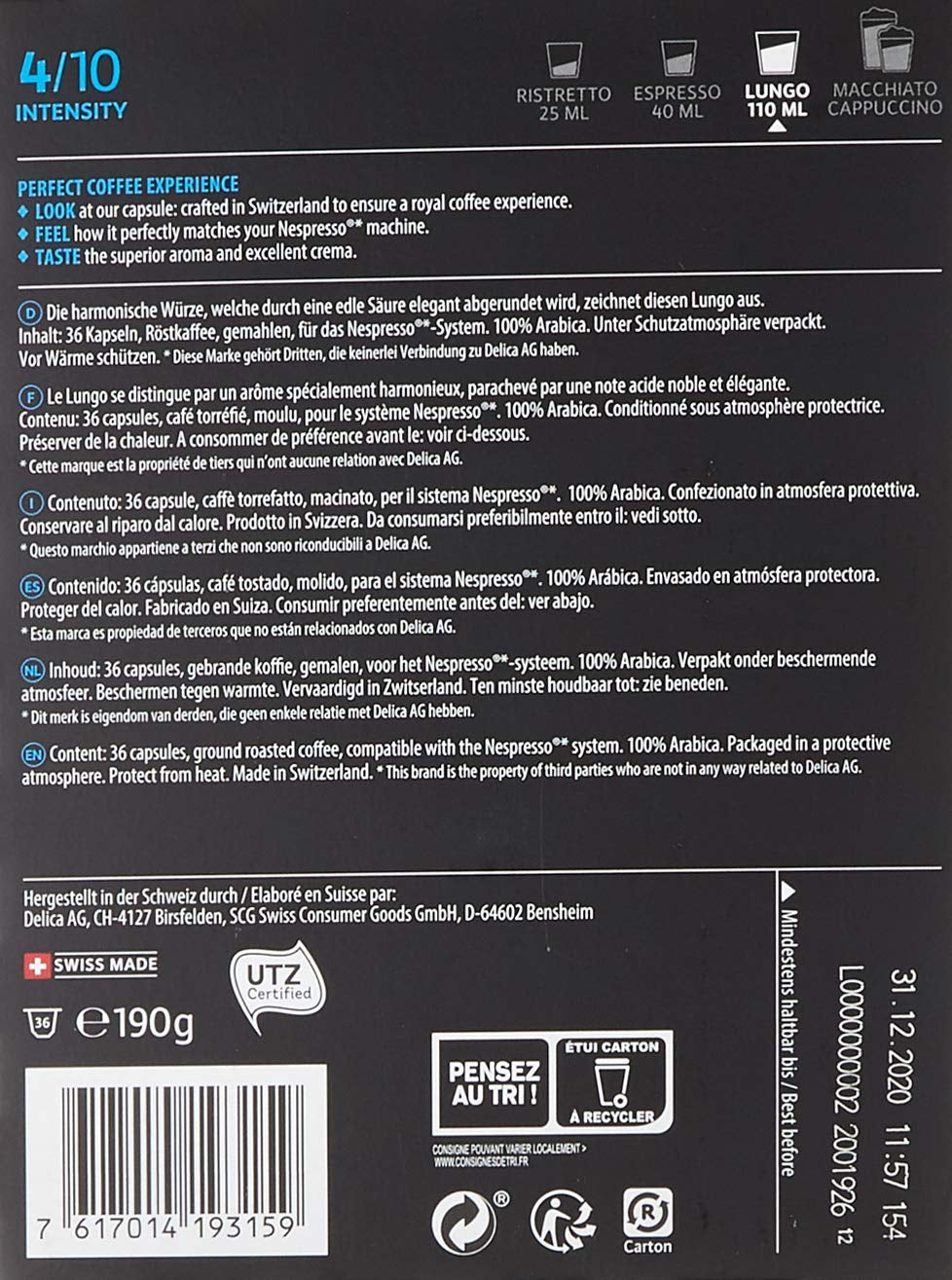Café Royal Dark Chocolate Flavoured 100 Kapsels voor Nespresso Kaffee Machine - 4/10 Intensiteit - UTZ-zertifiziert, aus Aluminium & Lungo 36 Kapsels voor Nespresso Kaffee Machine - 4/10 Intensiteit
