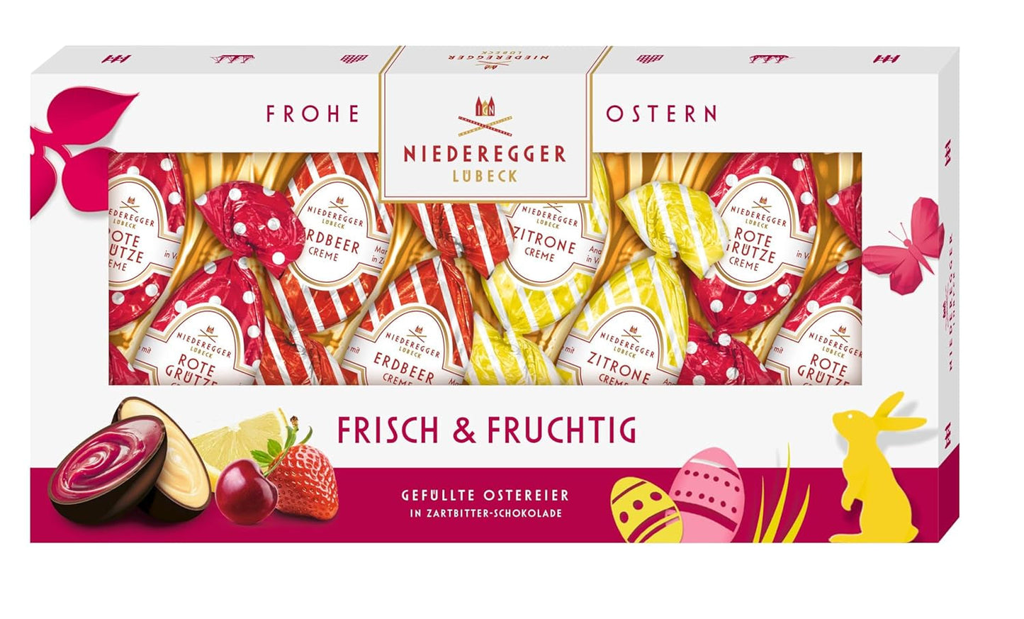 Niederegger | Chocolade-eieren | Fris en fruitig | 1 x 100 g | Eieren gevuld met smaken van citroen, aardbei en rode bessencrème | Omhuld met pure chocolade | Paaseieren | Paascadeau