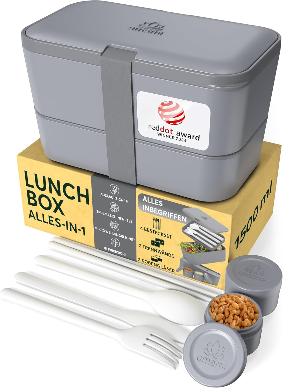 Umami lunchbox voor volwassenen, 4 bestek en afsluitbare bentobox, lunchbox voor volwassenen, saladecontainer voor onderweg, picknick-/kantoorlunchbox, antracietgrijs, 1500 ml Naty Shop voedselbewaardozen antracietgrijs L - 1500 ml in elkaar stapelbaar