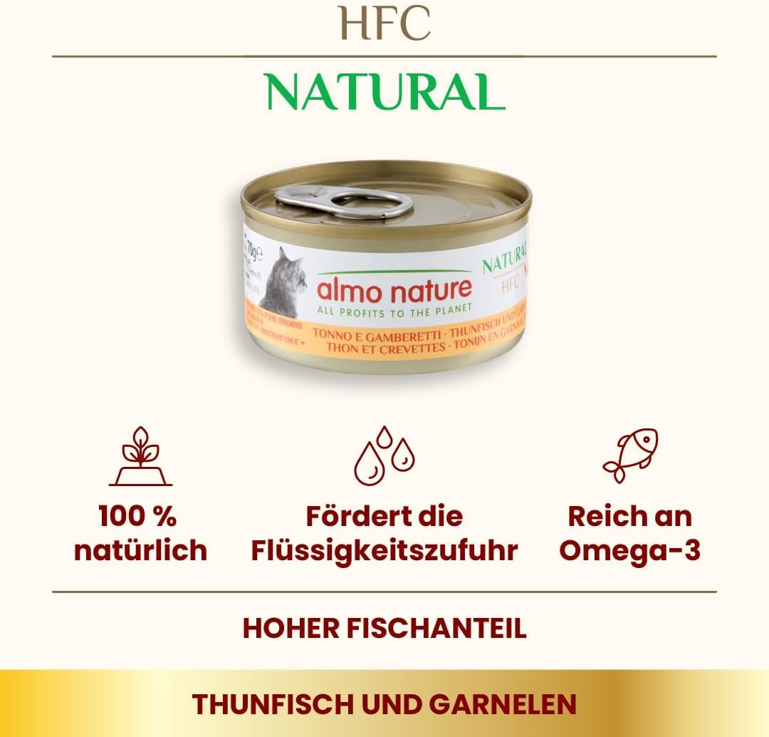 Almo Nature HFC natuurlijk kattenvoer - tonijn en garnalen, 24 stuks (24 x 70 g)