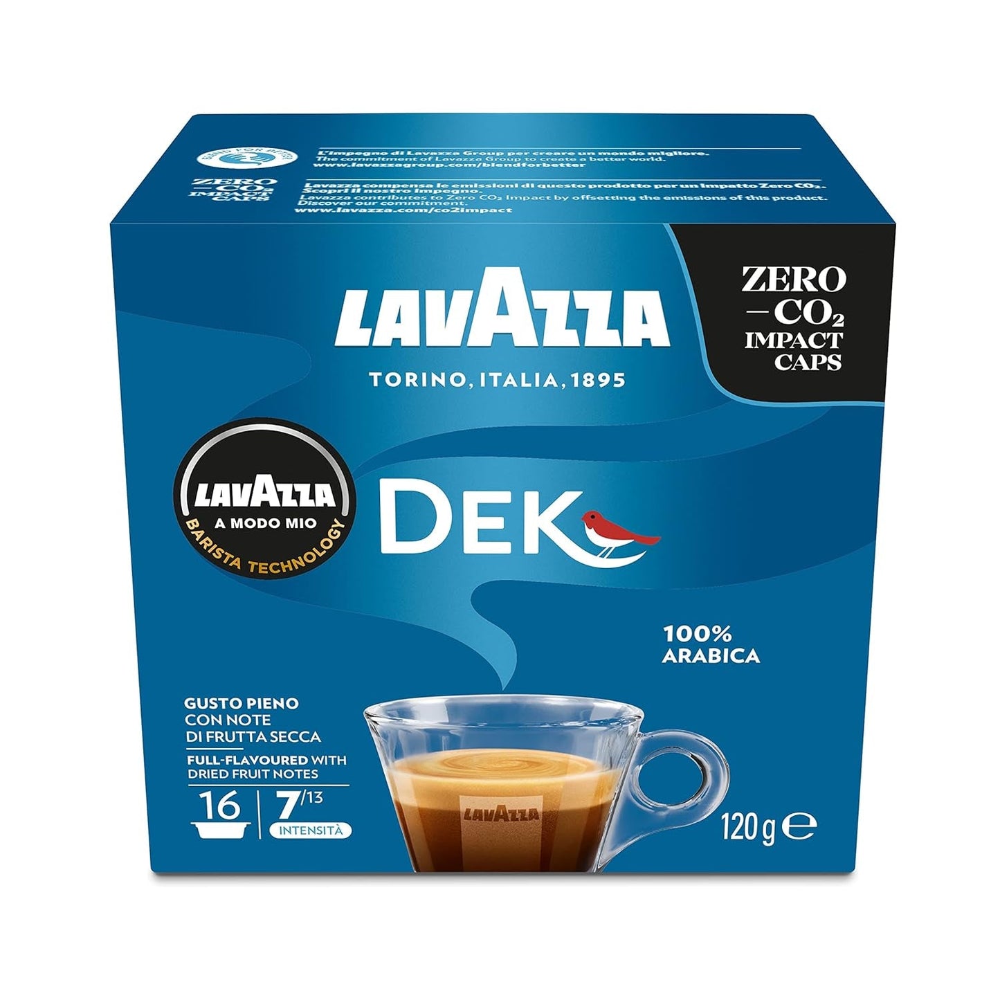 Lavazza A Modo Mio Dek Cremoso, 256 koffiecapsules, voor cafeïnevrije espresso met aromatische tonen van amandelen en canditis, 100% Arabica, intensiteit 7/13, medium gebrand, 16 pakjes