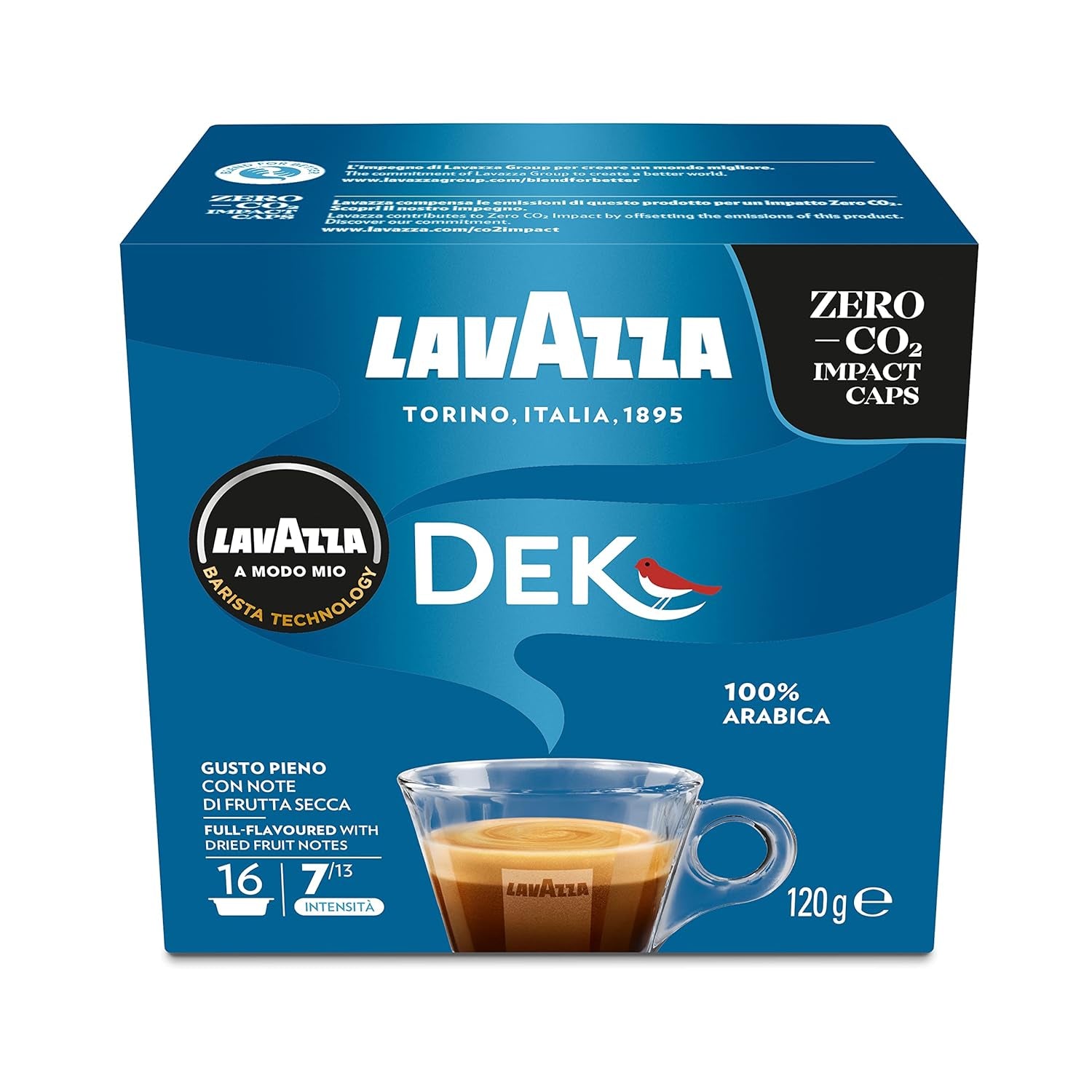 Lavazza A Modo Mio Dek Cremoso, 256 koffiecapsules, voor cafeïnevrije espresso met aromatische tonen van amandelen en canditis, 100% Arabica, intensiteit 7/13, medium gebrand, 16 pakjes