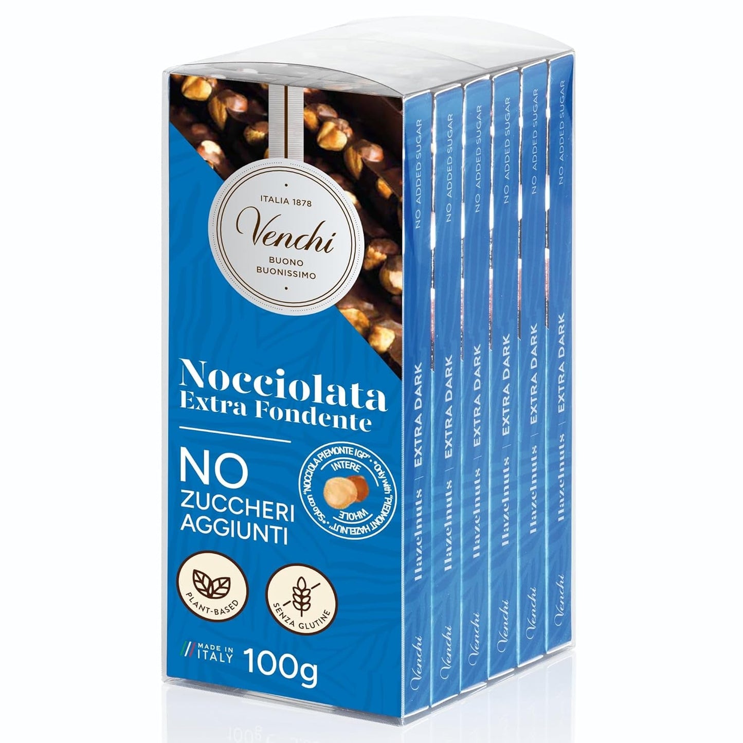 Venchi - Pak van 6 pure chocoladerepen met hazelnoten, 600g - Geen toegevoegde suikers - Geen kunstmatige zoetstoffen - Glutenvrij - Veganistisch - Cadeauidee