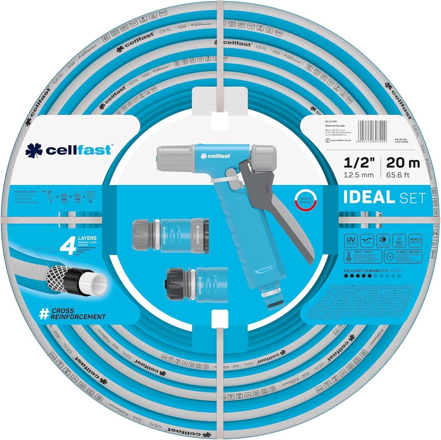 Cellfast Ideale tuinslangset, robuust, flexibel, 4-laags, sproei-, UV- en algenbestendig, Reach-technologie, 27 bar, -20/+60° korte termijn, 1/2 inch, 20 m