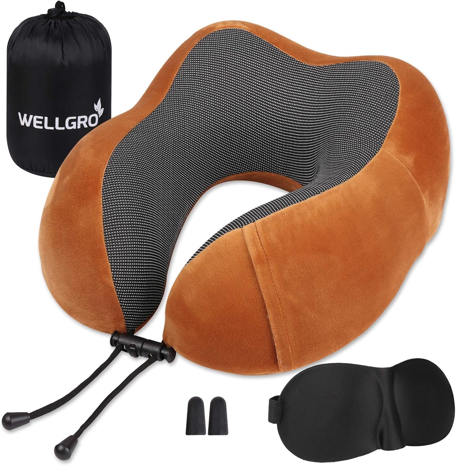 WELLGRO Nekkussenset met 3D-slaapmasker en oordopjes - Afneembare hoes - Traagschuim - Ritssluiting - Inclusief opbergtas - Reiskussen - Kleur selecteerbaar, Kleur: Grijs Naty Shop Cervicale Orthopedische Kussens Bruin