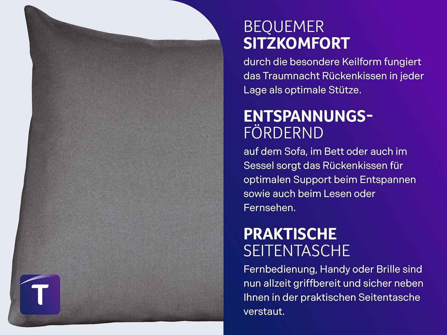 Leeskussen Traumnacht Cosy Rugkussen, 70 x 40 cm donkergrijs, afneembare en wasbare hoes van 100% polyester, praktisch zijvak, Oeko-Tex gecertificeerd, geproduceerd volgens Duitse kwaliteitsnormen