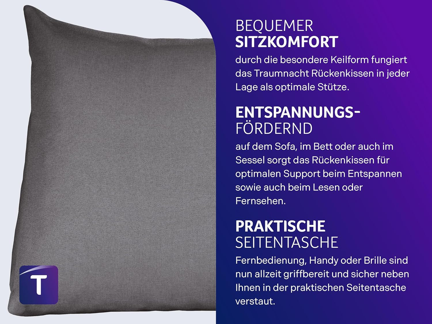 Leeskussen Traumnacht Cosy Rugkussen, 70 x 40 cm donkergrijs, afneembare en wasbare hoes van 100% polyester, praktisch zijvak, Oeko-Tex gecertificeerd, geproduceerd volgens Duitse kwaliteitsnormen