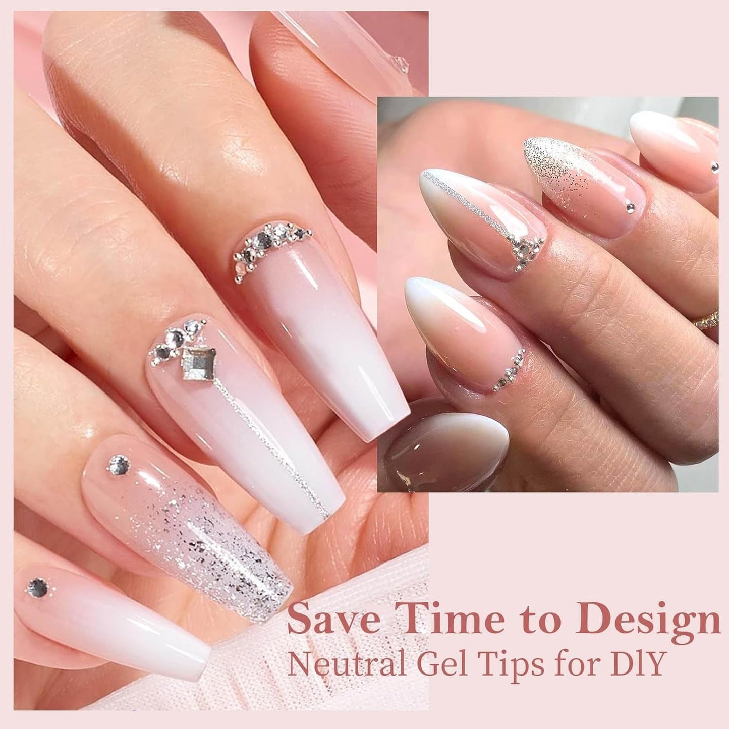 Kunstnagels set - 240 stuks Franse nepnagels lijm op - roze wit gradiënt ontwerp kunstnagels volledige dekking zachte gel natuurlijk en comfortabel om te dragen (roze amandel)