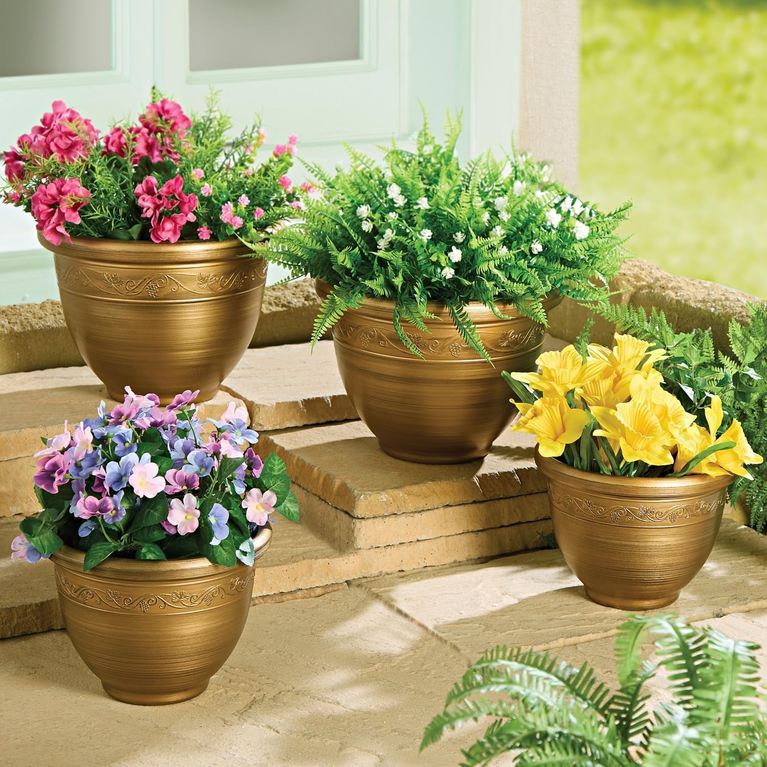 ® Plastic plantenbakkenset in retrostijl - 4-delige set in twee maten - Weerbestendig en lichtgewicht - Decoratieve rand - Bronzen plantenbakkenset
