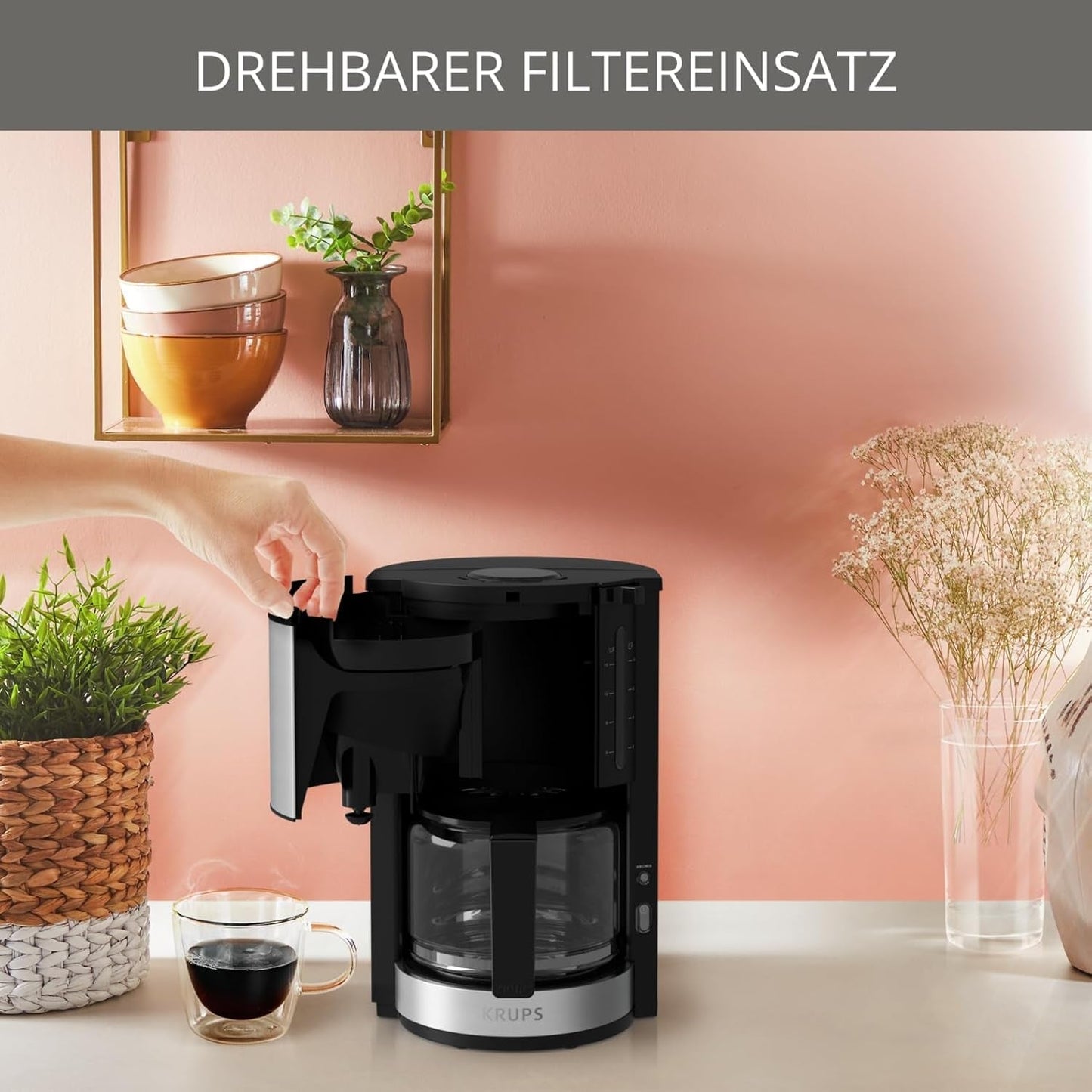 Krups KM3210 Pro Aroma Plus espressomachine, 10 kopjes, 1,25 l, 30 minuten warm houden, zichtbaar waterniveauvenster, antidruppelsysteem, zwart met roestvrijstalen toepassingen