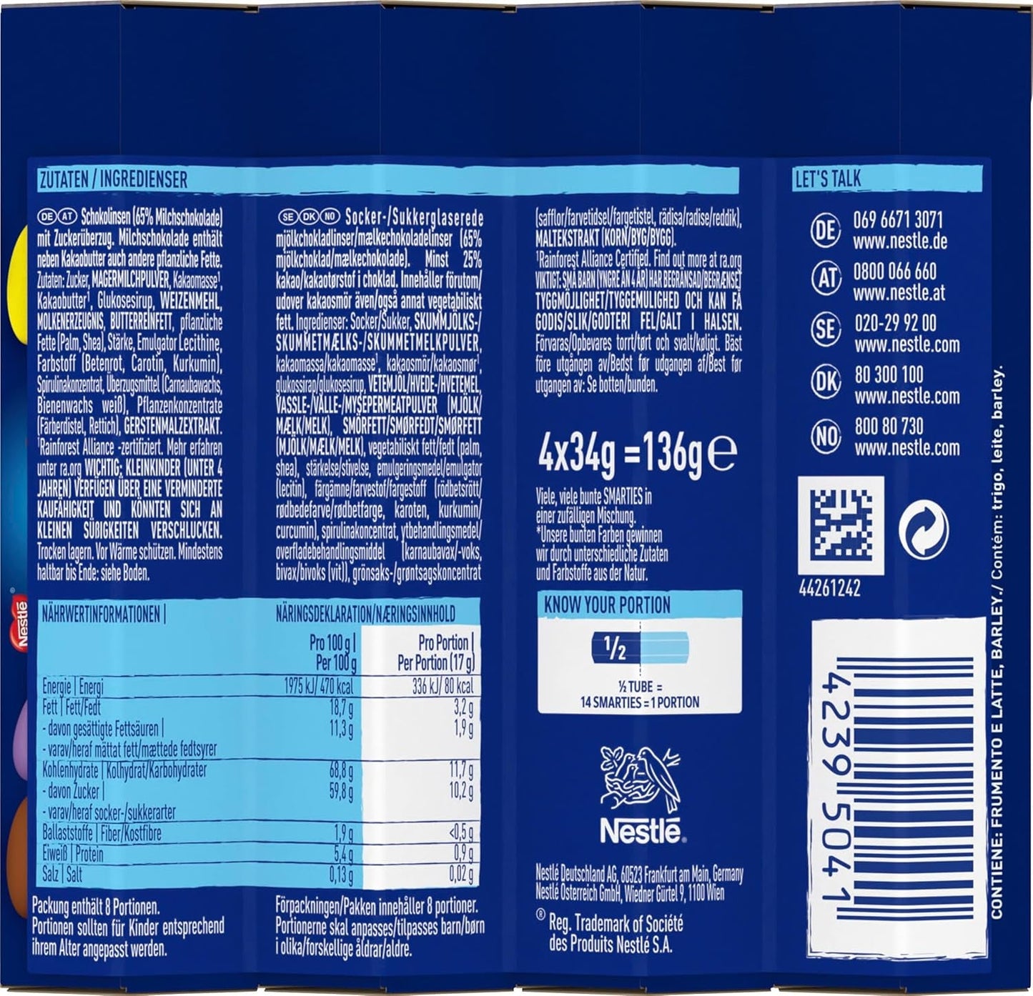 Nestlé SMARTIES Multipack, kleine rol, chocoladekleurige linzen, ideaal voor kinderverjaardagen, natuurlijke kleuren, zeshoekige rol, verpakking van 12 (12x (4 x 34g))