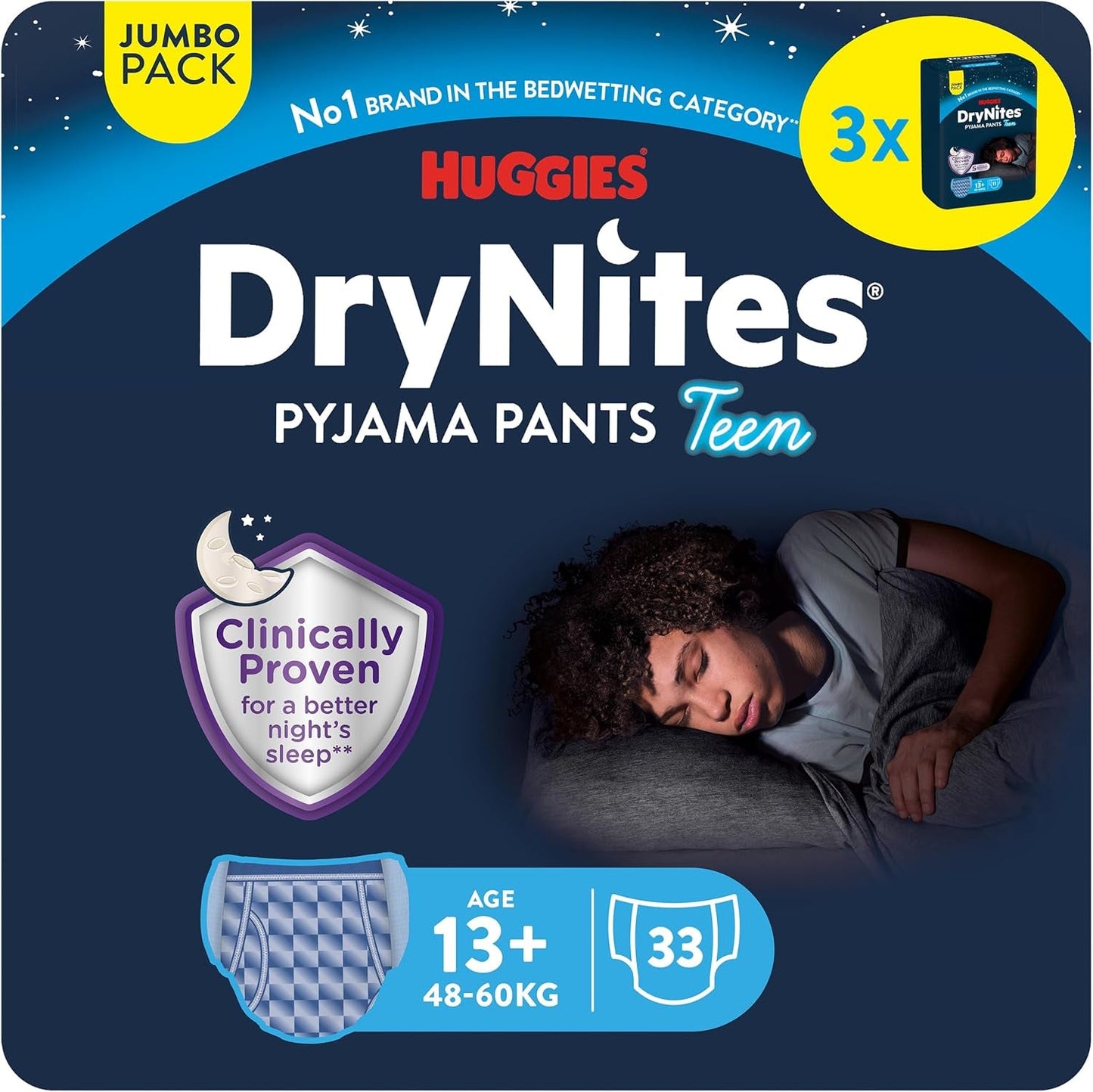 Huggies DryNites nachtelijke bedplassenluiers, jongens 13-ongeveer 17 jaar (48-60kg), 33 stuks (3x11), Jumbo maandpakket, XL slips