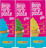 Decocino Neon Kleurstofset - 3 stuks - Rood, Roze, Paars - Hoge dosis kleurstof - Voor het kleuren van taarten, muffins, cupcakes - Smaakvrij