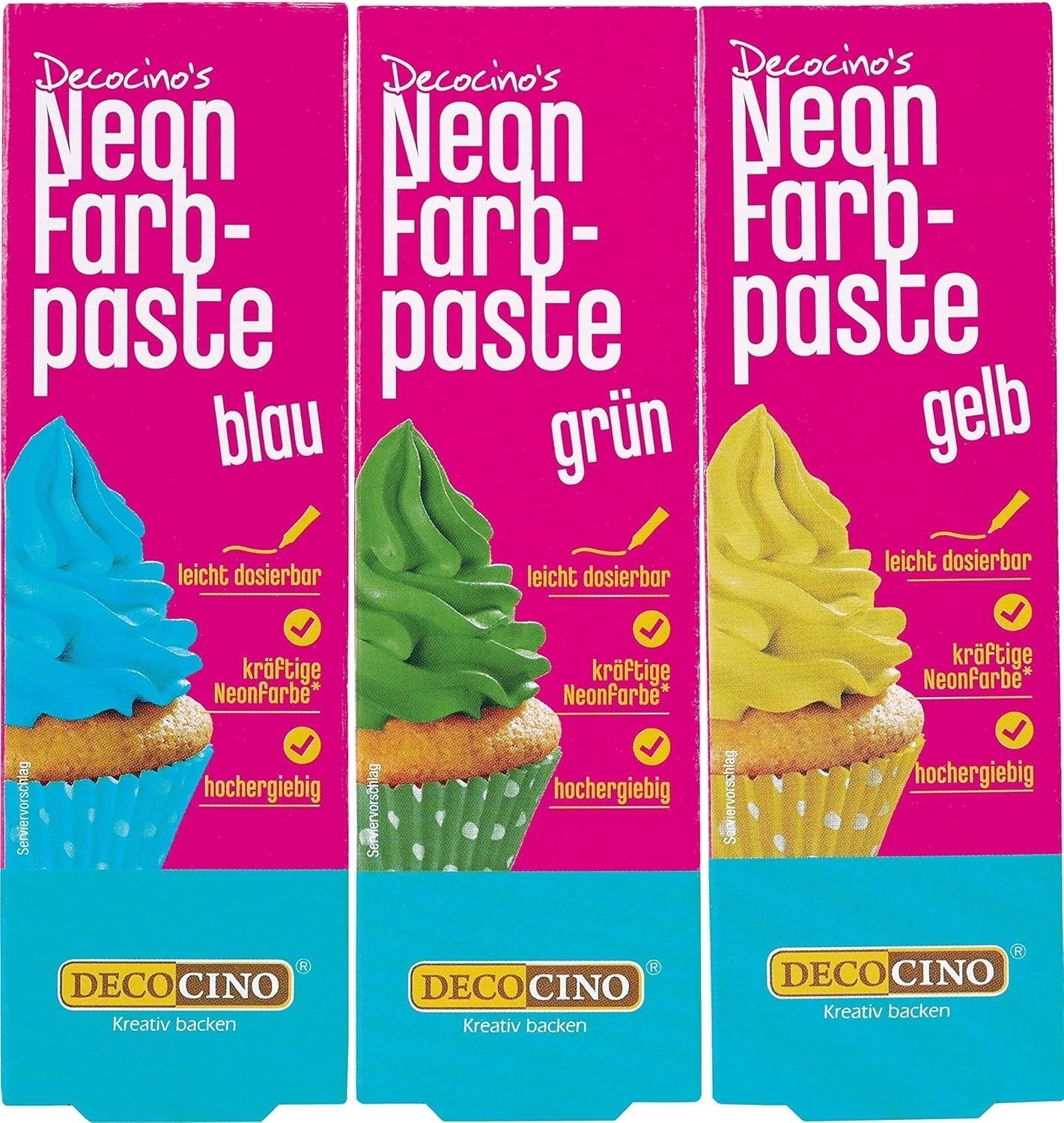 Decocino Neon Kleurstofset - 3 stuks - Rood, Roze, Paars - Hoge dosis kleurstof - Voor het kleuren van taarten, muffins, cupcakes - Smaakvrij