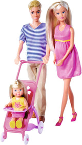 Simba 105733673 - Steffi Love Happy Family, zwangere pop, Kevin, Evi en baby met kinderwagen, 11 stuks, accessoires, 30 cm, vanaf 3 jaar