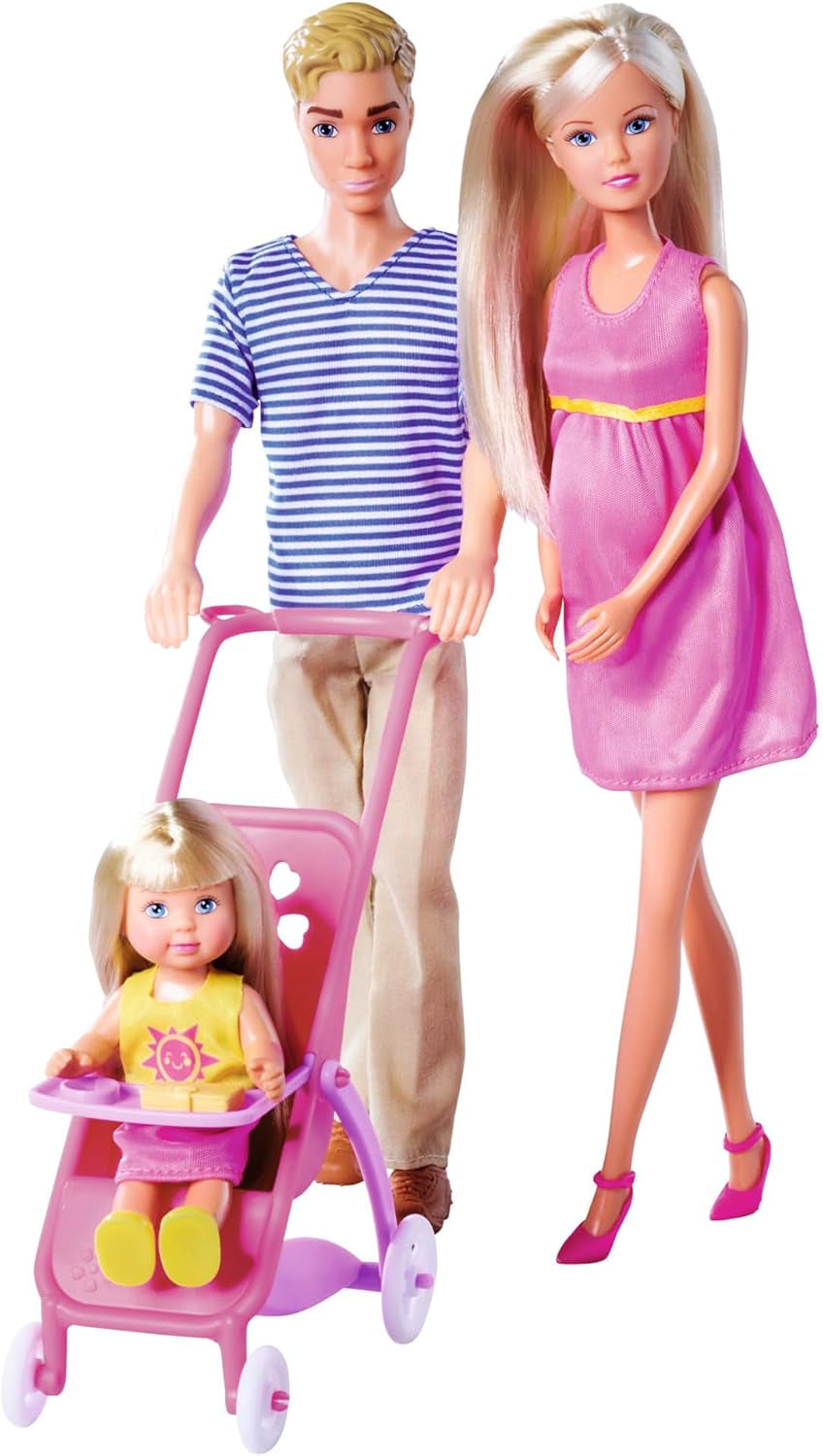 Simba 105733673 - Steffi Love Happy Family, zwangere pop, Kevin, Evi en baby met kinderwagen, 11 stuks, accessoires, 30 cm, vanaf 3 jaar