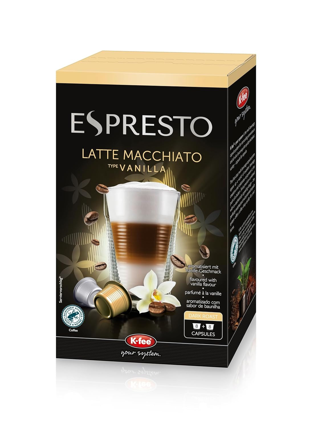 ESPRESTO Latte Macchiato Type Vanille, compatibel met K-fee & ALDI EXPRESSI*, RFA gecertificeerd, zoet & harmonieus, 48 ​​koffiecapsules & 48 melkcapsules