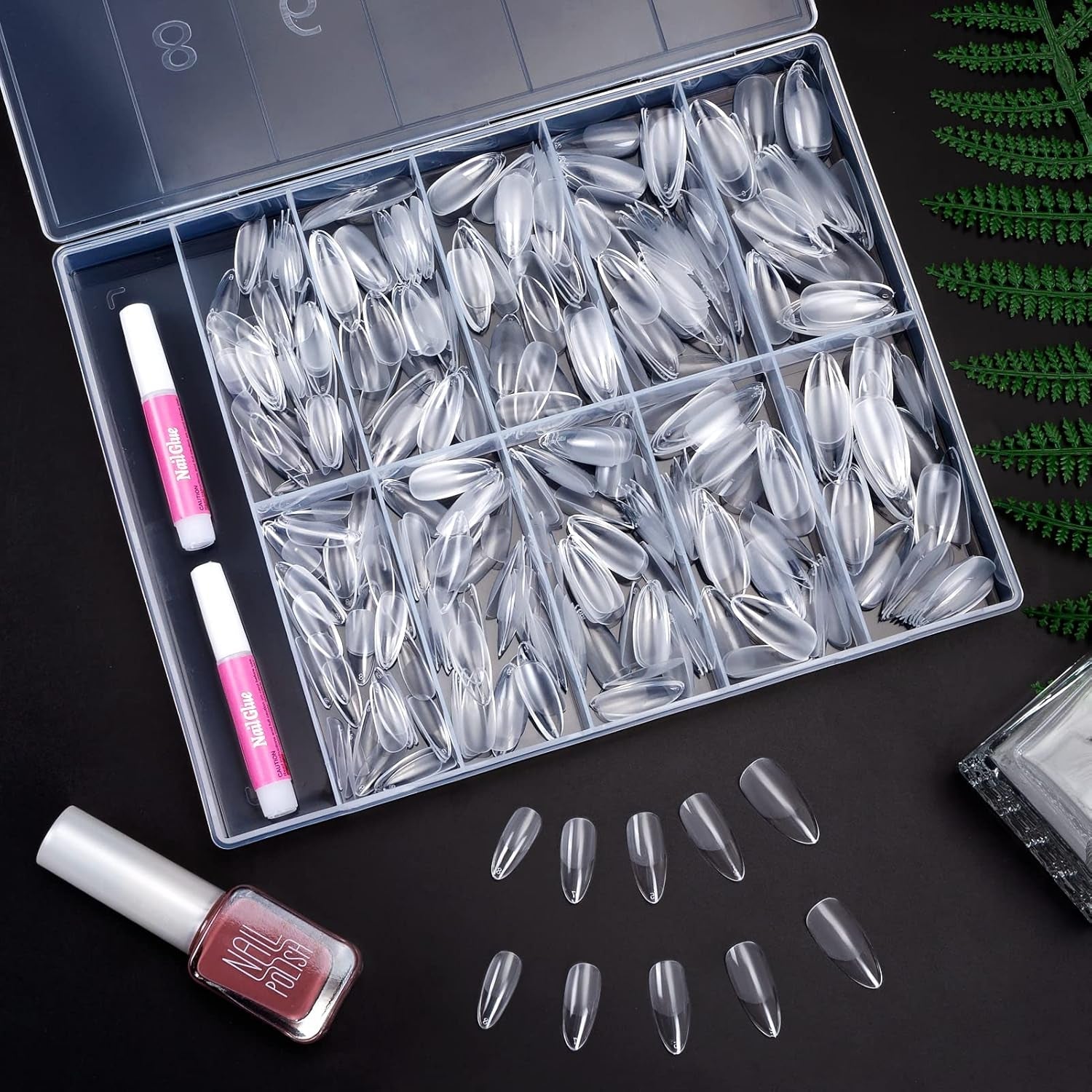 Becellen 500 stuks kunstnageltips, zachte gelnageltips, volledige dekking, gelnageltips, voorgepolijste kunstnagels, doe-het-zelf nagelkunstlijmset (amandelen)