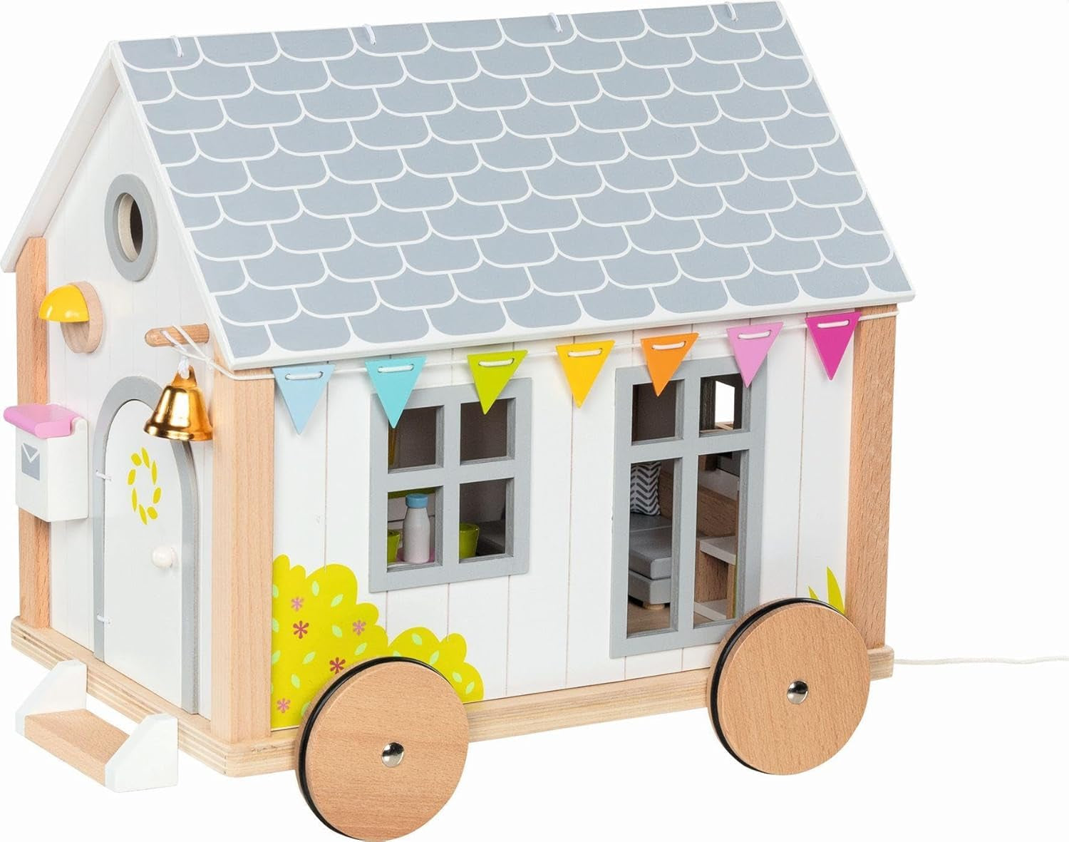 Goki 51477 - Klein hyggehouten en textielhuis voor minipoppen, beweegbaar poppenhuis in Scandinavische stijl, 38 cm x 27 cm x 33 cm, set van 40, vanaf 3 jaar Poppenhuizen Naty Shop