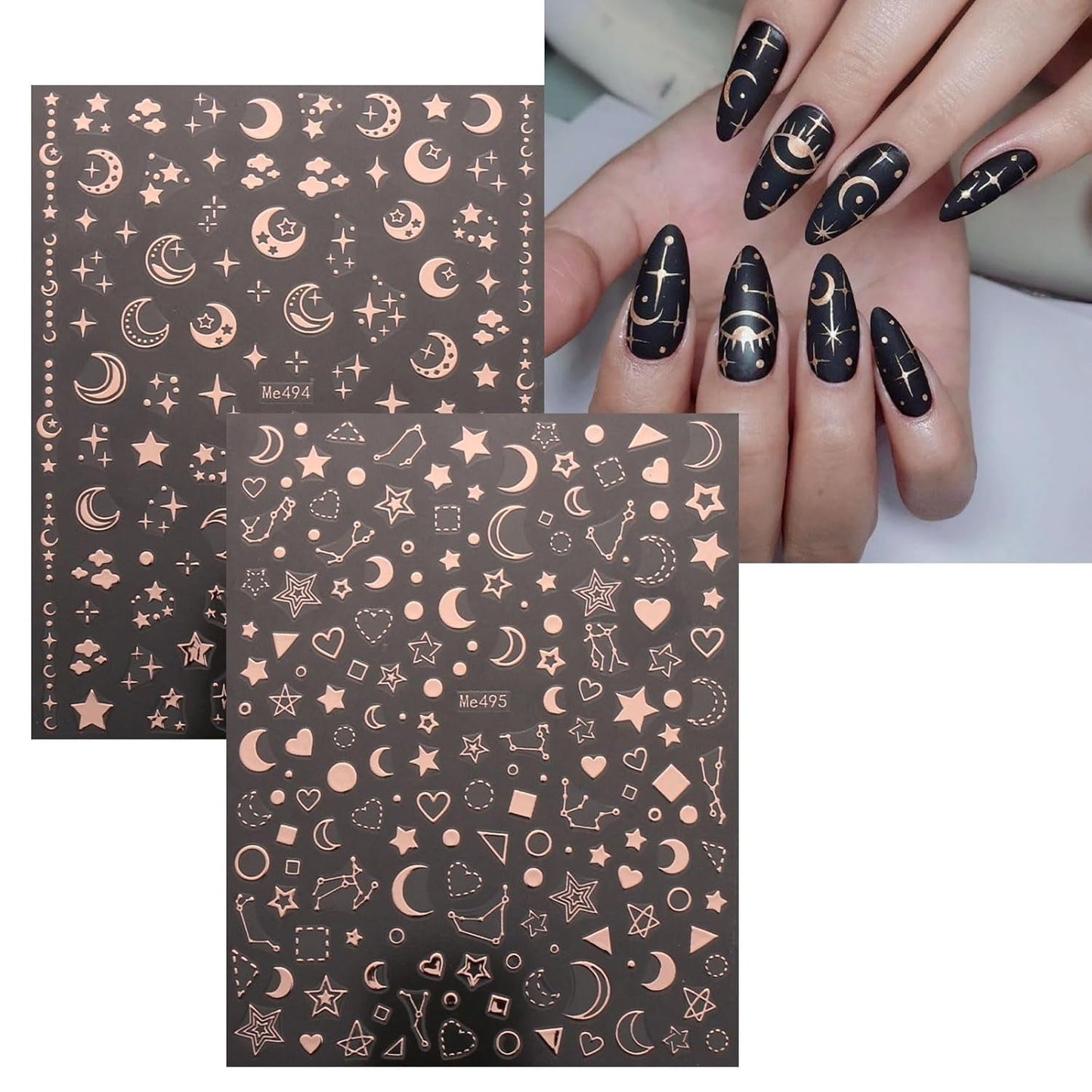 JMEOWIO Nagelsticker Mond Stern 10 Blatt Nail Art Sticker Selbstklebend Nagelaufkleber Roségold Decoratie Nageldesign Zubehör