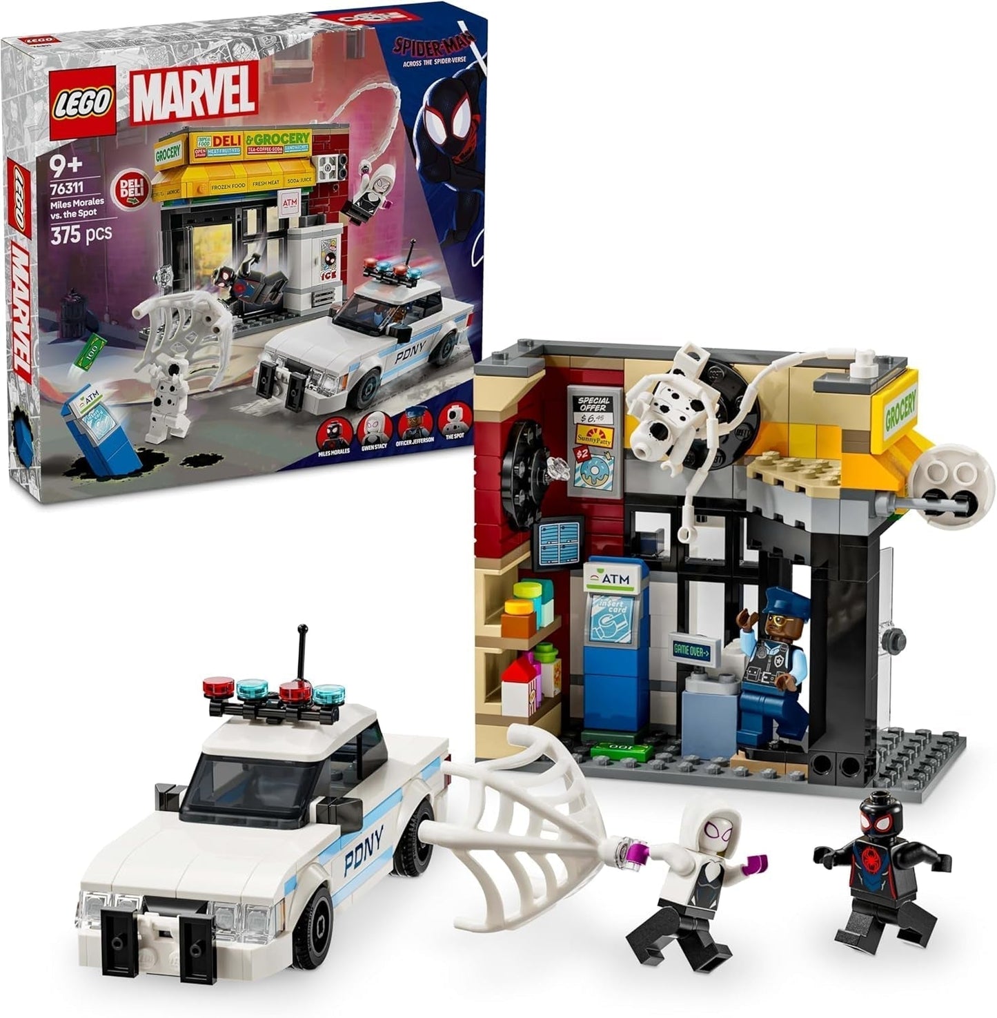LEGO Marvel Spider-Vers: Miles Morales Vs. Spot - Superheldenspeelset met speelgoedauto - 4 minifiguren en minimarkt - Cadeau voor jongens en meisjes vanaf 9 jaar 76311 Bouwsets Bekijk de standaardtitel van de LEGO Store
