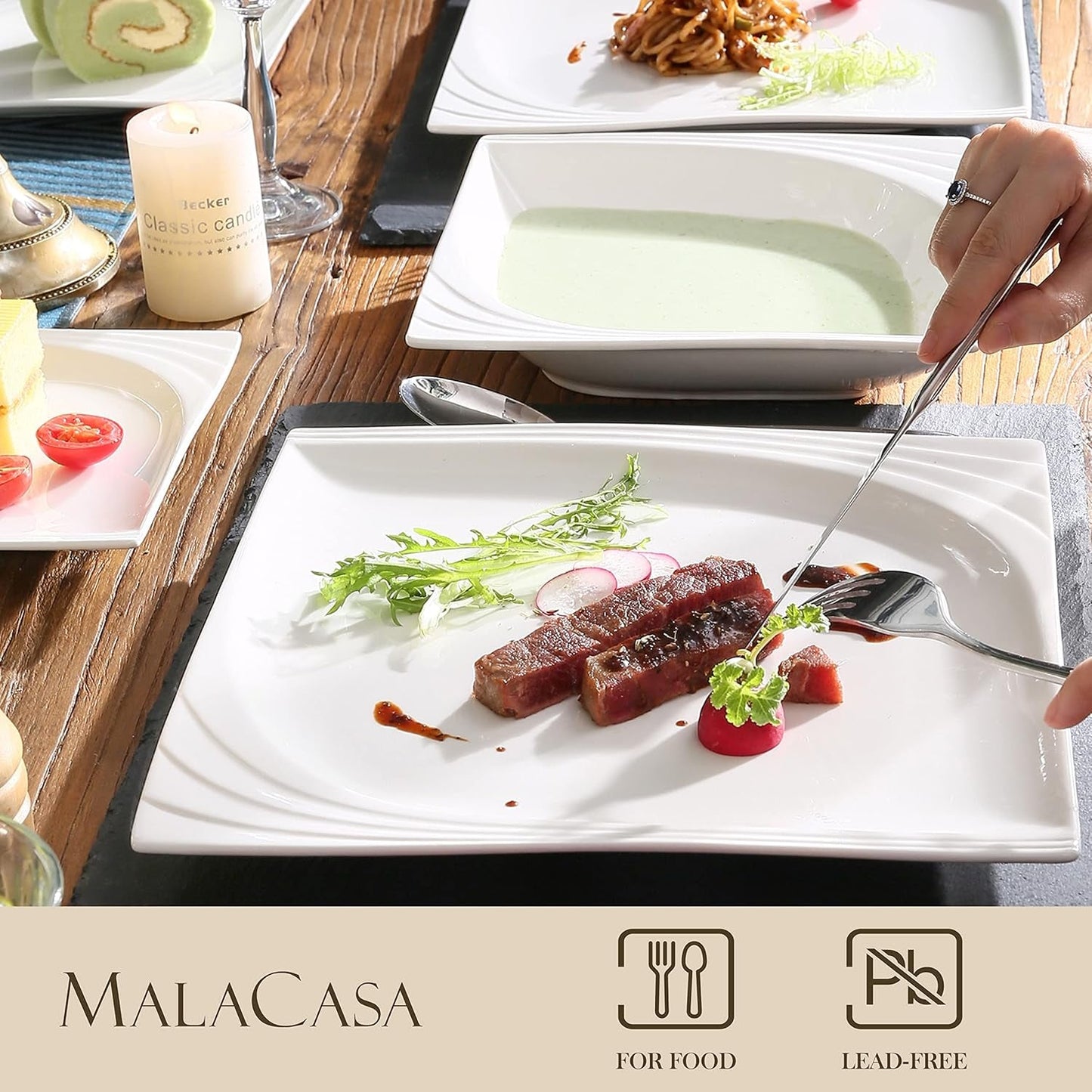 MALACASA, Monica Serie, Serviesset voor 12 personen, Wit-crème porselein, Gecombineerd servies met 12 koffiekopjes, 12 schotels, 12 dessertborden, 12 dinerborden en 12 dinerborden