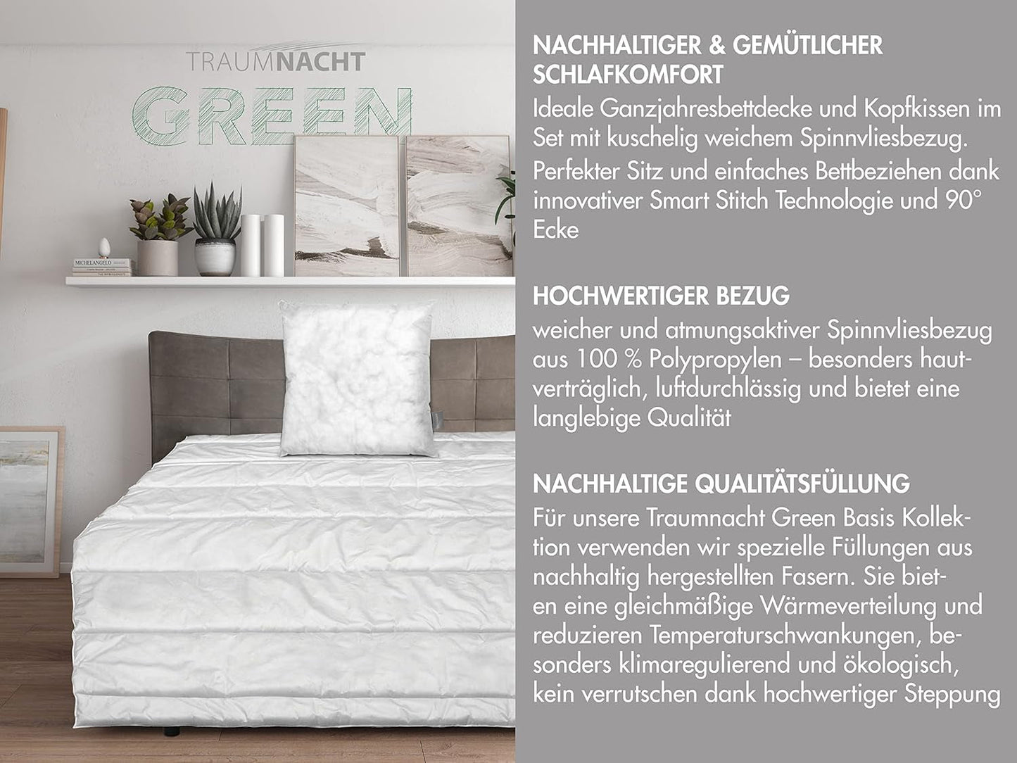Traumnacht Green basisbedset bestaande uit een dekbed voor het hele jaar door, 135 X 200 cm + kussen 80 X 80 cm, Oeko-Tex gecertificeerd, geproduceerd volgens de Duitse kwaliteitsnorm Quilts en quilts Naty Shop