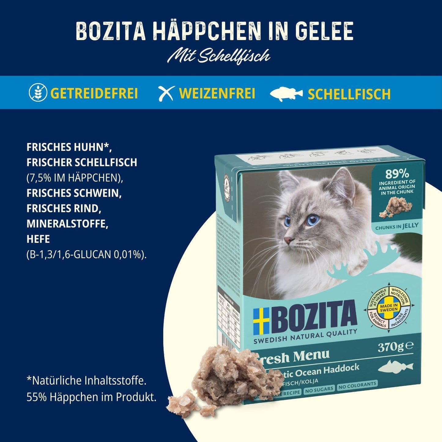 Bozita Tetra natvoer met schelvis in gelei - 6 x 370 g graanvrij, zonder toegevoegde suikers en niet-GMO kattenvoer - uitgebalanceerd, lekker, met 7,5% eiwit en 5% vet