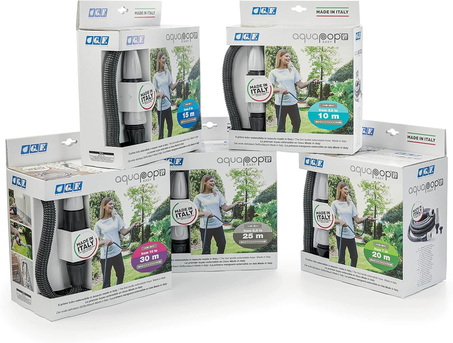 GF SRL, Aquapop Grey Easy 10, 10 meter zelfverlengende gevlochten slang, made in Italy, met mini-tuinsproeier en aansluitingen voor tuinirrigatie, donkergrijs