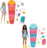 Barbie HDF74 Twinpack-pop! Brooklyn Camping Doll (Brunette met gevlochten staartjes, ca. 29 cm) met puppy, rugzak, slaapzak, 10 kampeeraccessoires, cadeau voor kinderen vanaf 3 jaar