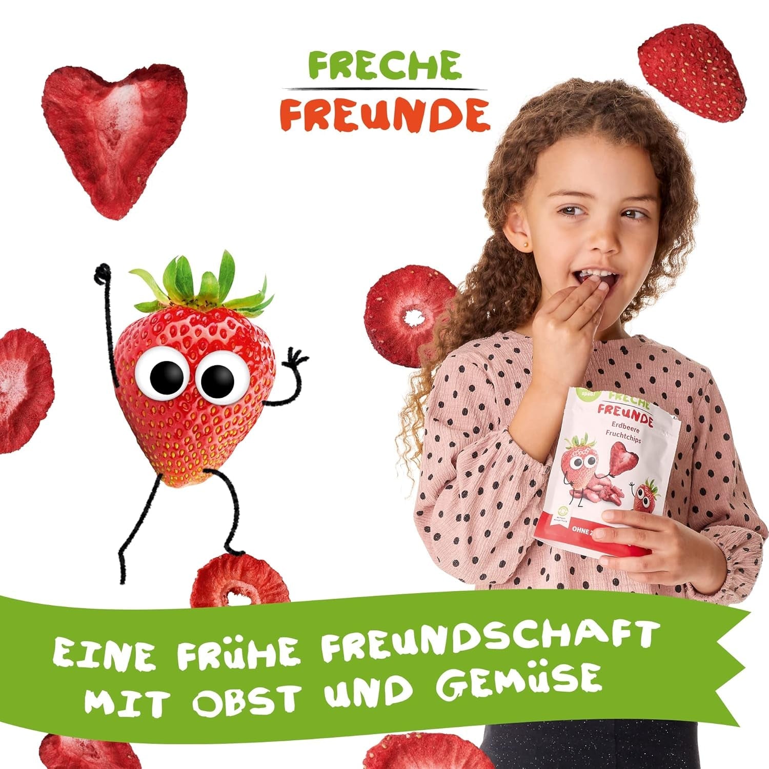 FRECHE FREUNDE Biologische aardbeienfruitchips, gevriesdroogde fruitchips, natuurlijk gesneden gedroogd fruit zonder toegevoegde suiker, veganistisch, lactosevrij, glutenvrij, verpakking van 12 (12 x 12 g)