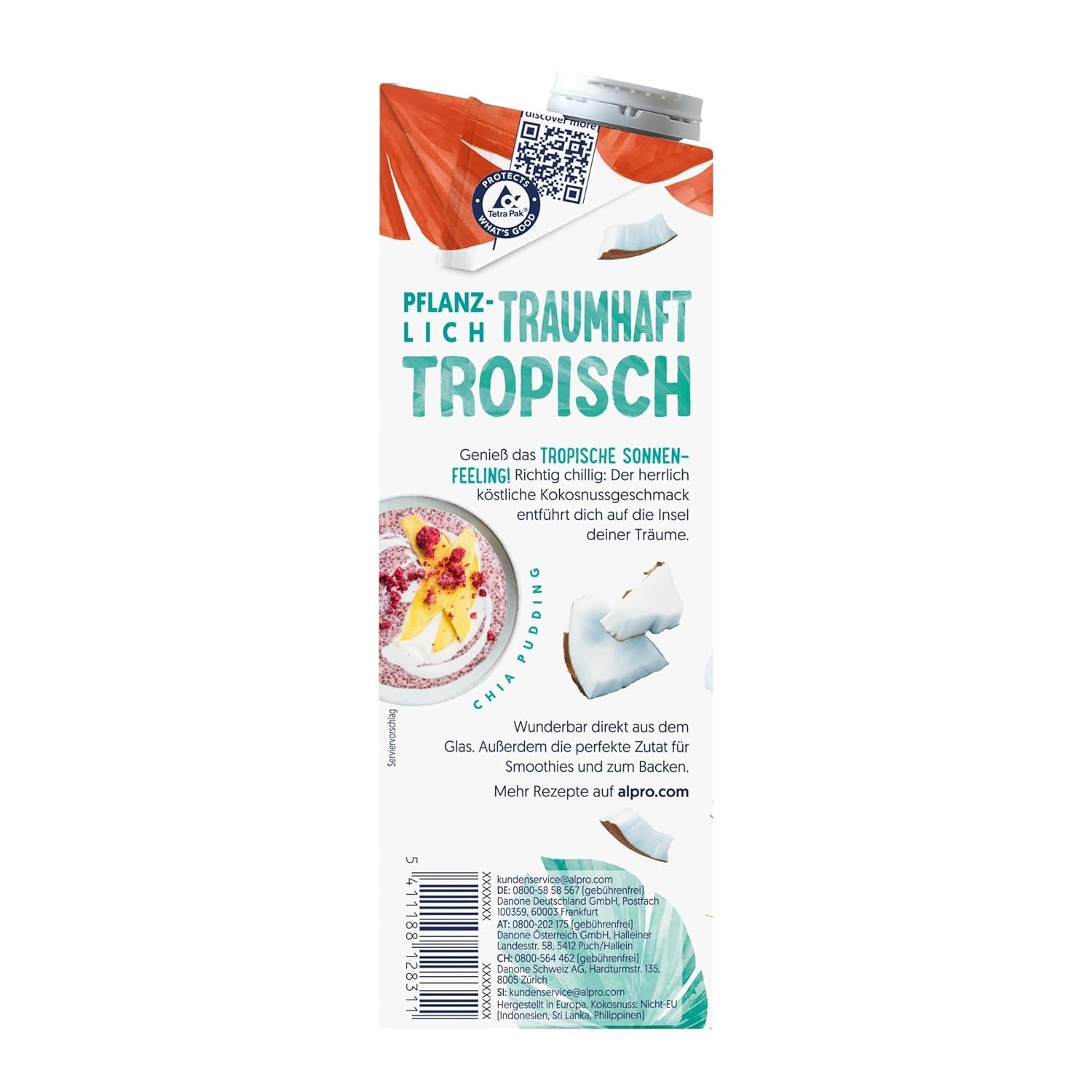 Alpro Kokosnussdrink ohne Zucker – Ohne Süßstoffe – Vegan en melkvrij – Van Natur aus lactosevrij en vettarm – Rijk aan calcium en vitamines – 8 x 1 L