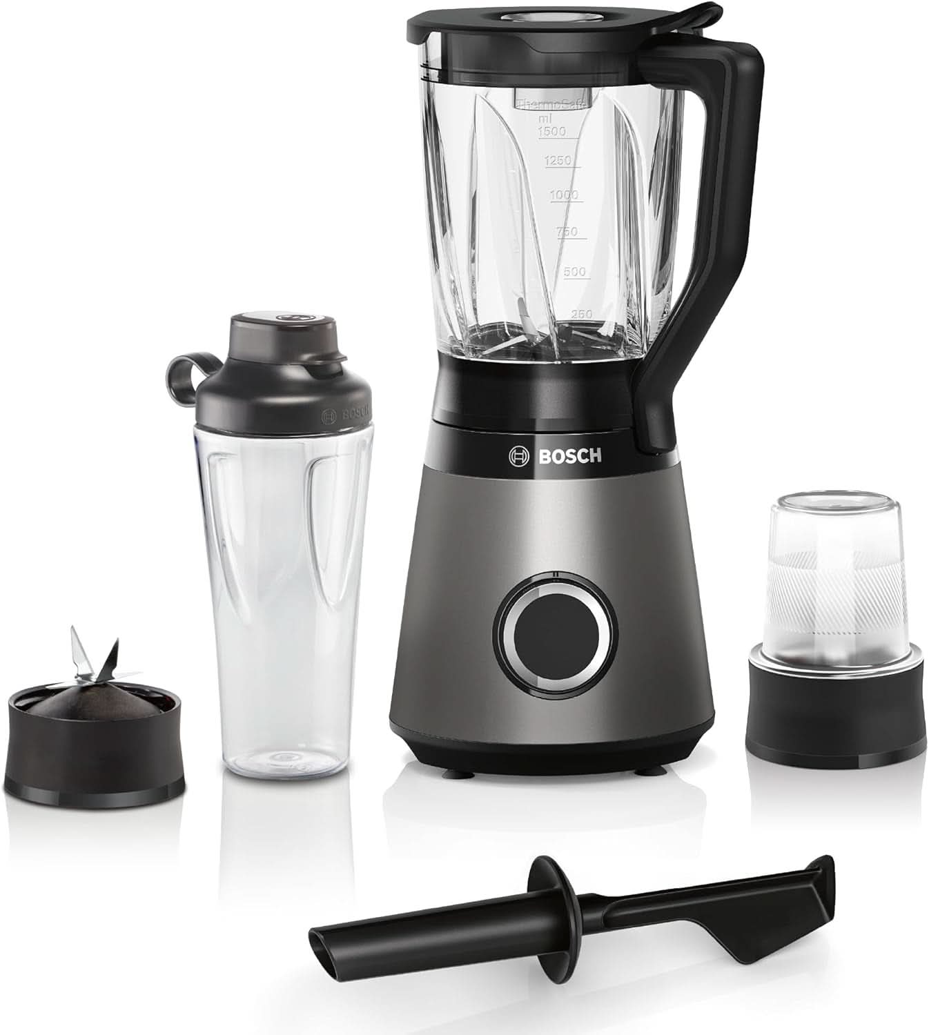 Bosch Standmixer Vitapower Serie 4 MMB6177S, Edelstahl-Klingen Made in Germany, 1,5L Thermosafe Glasbehälter, 0,6L To-Go-Flasche, Stopfer, Universalzerkleinerer, 30.000 U/Min, 1200 W, Silver Kitchen Naty Shop
