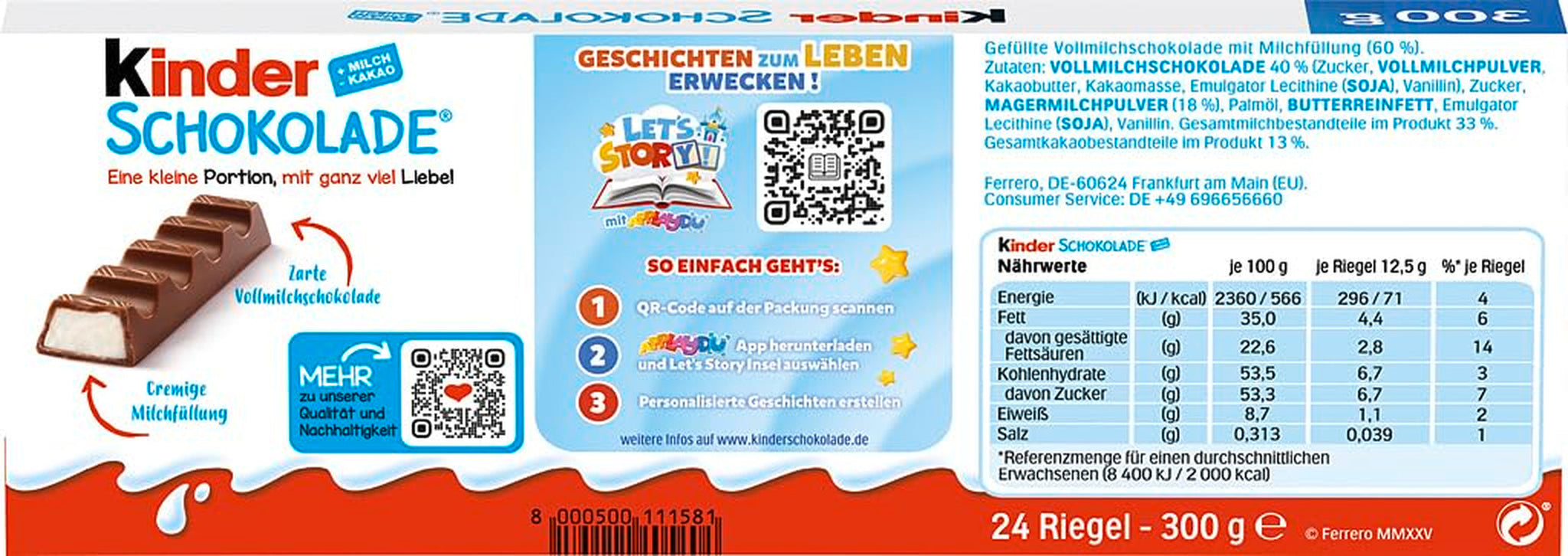Kinder Chocolate - Gevulde melkchocoladerepen - 1 pakje met 24 individuele repen (24 x 12,5 g).